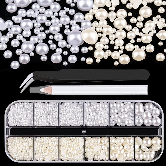 Belleboost Flat Back Pearls Kits 1 Box of Flatback White&Beige Half Round Pearls with Pickup Pencil and Tweezer for Home DIY and Professional Nail Art, Face Makeup and Craft