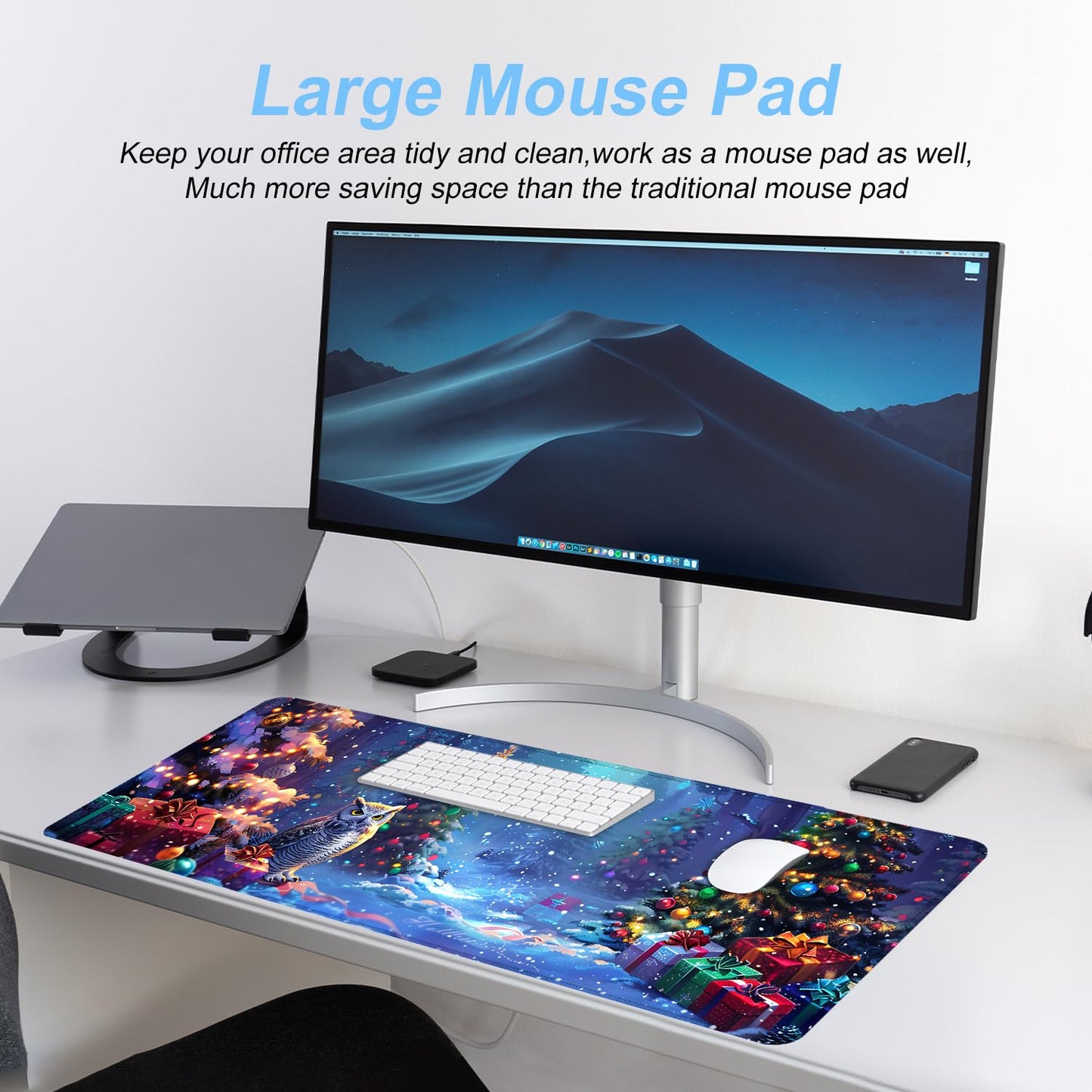 Christmas Owl Mouse Pad XXL – Large Holiday Desk Mat with Forest Gifts and Snow Lights, Extended Non-Slip Mousepad for Office, Gaming, Home Setup, 31.5 x 11.8 in