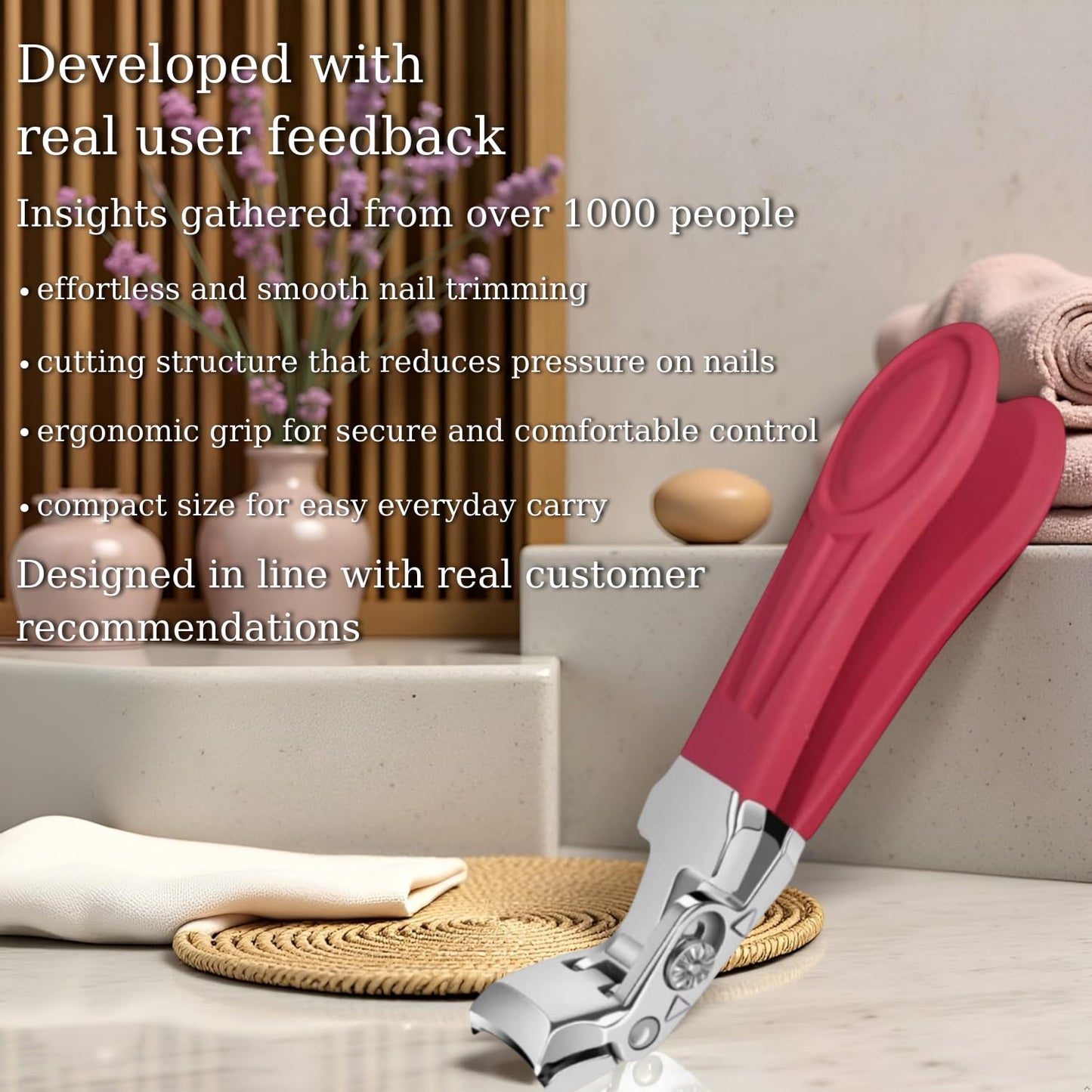 Professional Ruby Red Angled Nail Clippers for Seniors – 5'' Elegant Thick Toenail Clipper with Nail File, Ultra-Sharp Blades, Nail Catcher, Easy Grip & Safe Home Manicure & Pedicure Care Tool