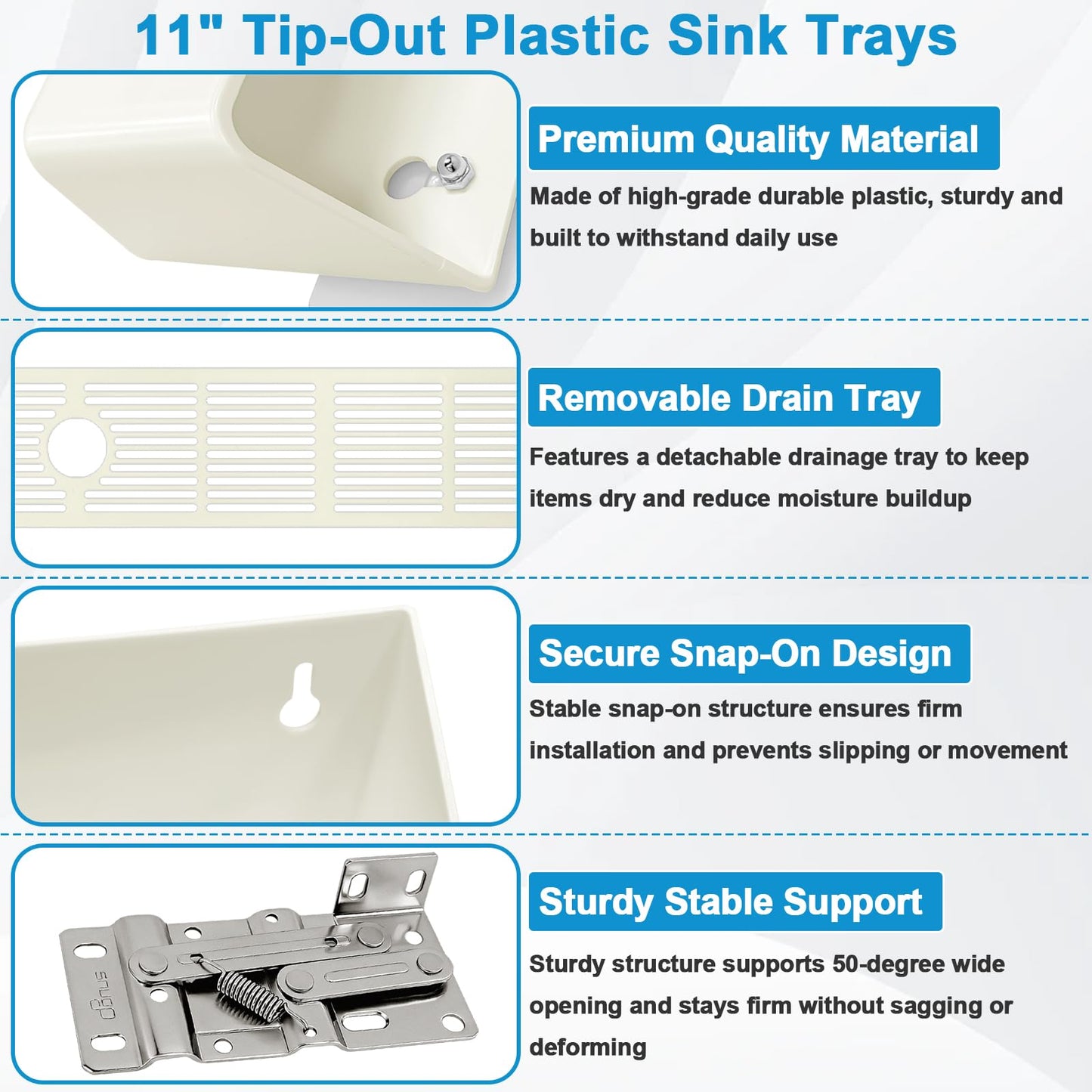 Upgraded 11" Tip-Out Plastic Sink Trays with Steel Hinges Kitchen Sink Tip Out Tray Kit, Pullout Organizer Cabinet Storage for Kitchen & Bathroom with 8 Mounting and 4 Screws, White (2 Pack)