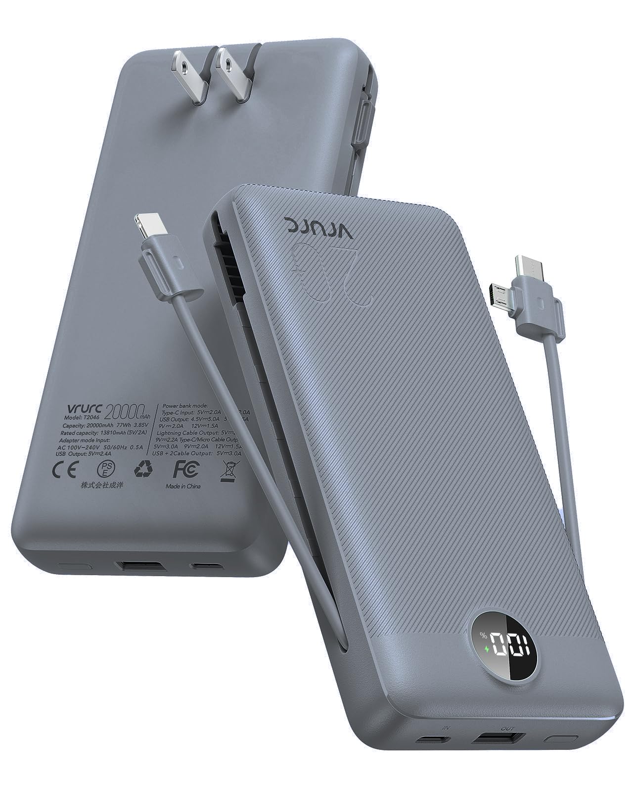 Portable Charger Power Bank 20000mAh,VRURC 22.5W Fast Charging Power Bank With Cables, 20K USB C Portable Charger With Wall Plug, Phone Battery With Cords For iPhone, Samsung, Android Phones, etc-Grey