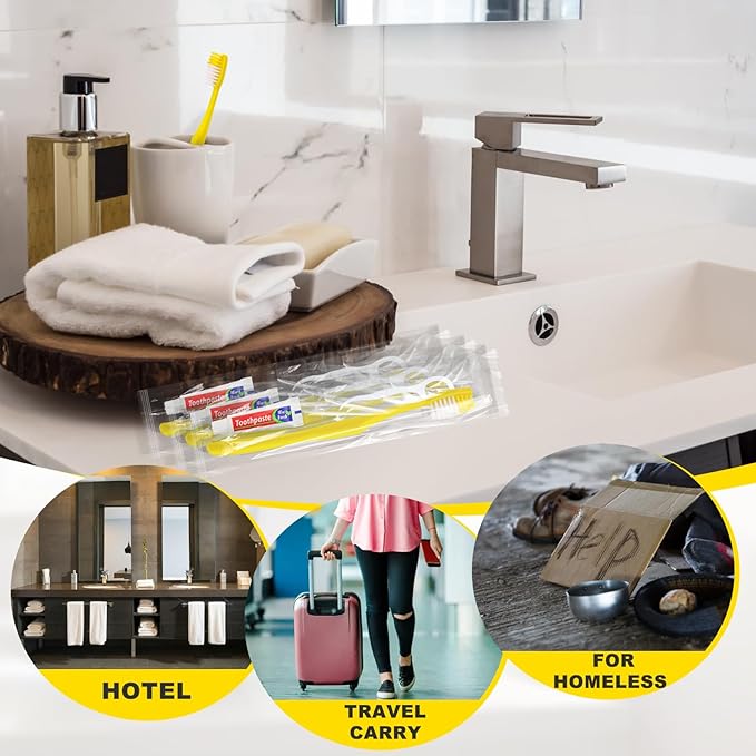 100pcs Disposable Toothbrushes with Toothpaste and Floss,Yellow Bulk Single Use Toothbrush Floss Pick Individually Wrapped Disposable Travel Toothbrushes Kit for Homeless,Airbnb,Hotel,Guest