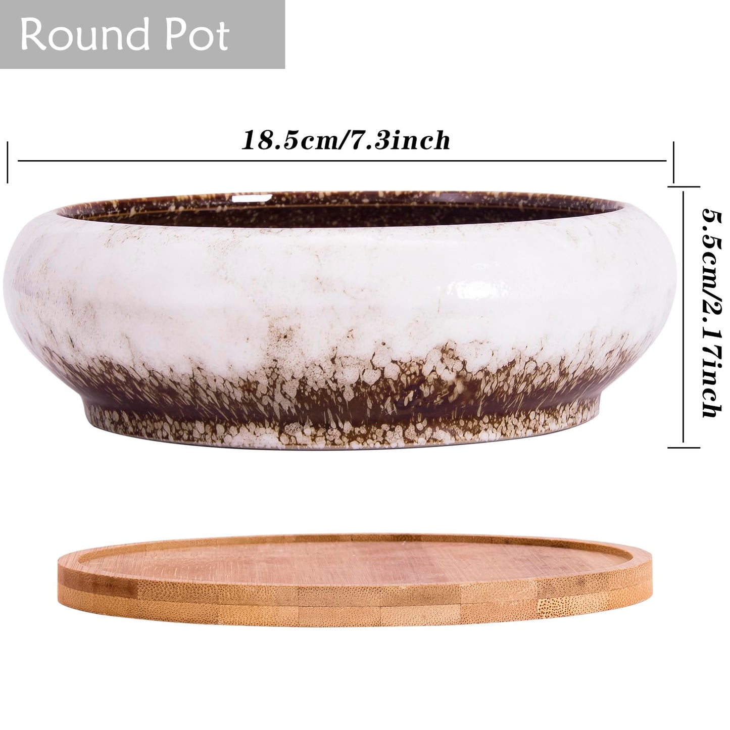 Succulent Pots, 1 Rectangle Planter + 1 Ceramic Bonsai Pot with Drain Tray, 2 Pack Large Shallow Succulent Planters for Indoor Plants, Round Cactus Flower Plant Pot for Desk Windowsill Decor