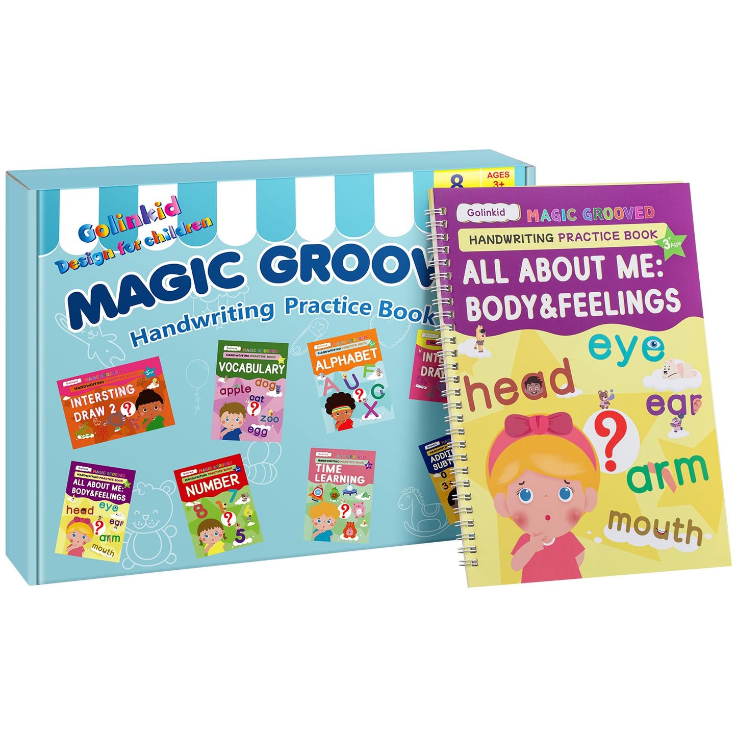 Golinkid Magic Grooved Writing Practice, grooved Handwriting Practice for Kids 8 Books, Preschool workbook for Ages 3-10 with 6 Magic pens 10 Ink Refills, 3 Pencil Grips for Kids Handwriting