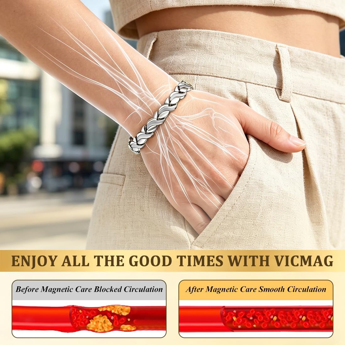 Vicmag Magnetic Bracelet for Women, Titanium Steel Bracelet with Ultra Strength Magnets, Waterproof & Adjustable, Jewelry Gift with Sizing Tool(Silver Fishtail)