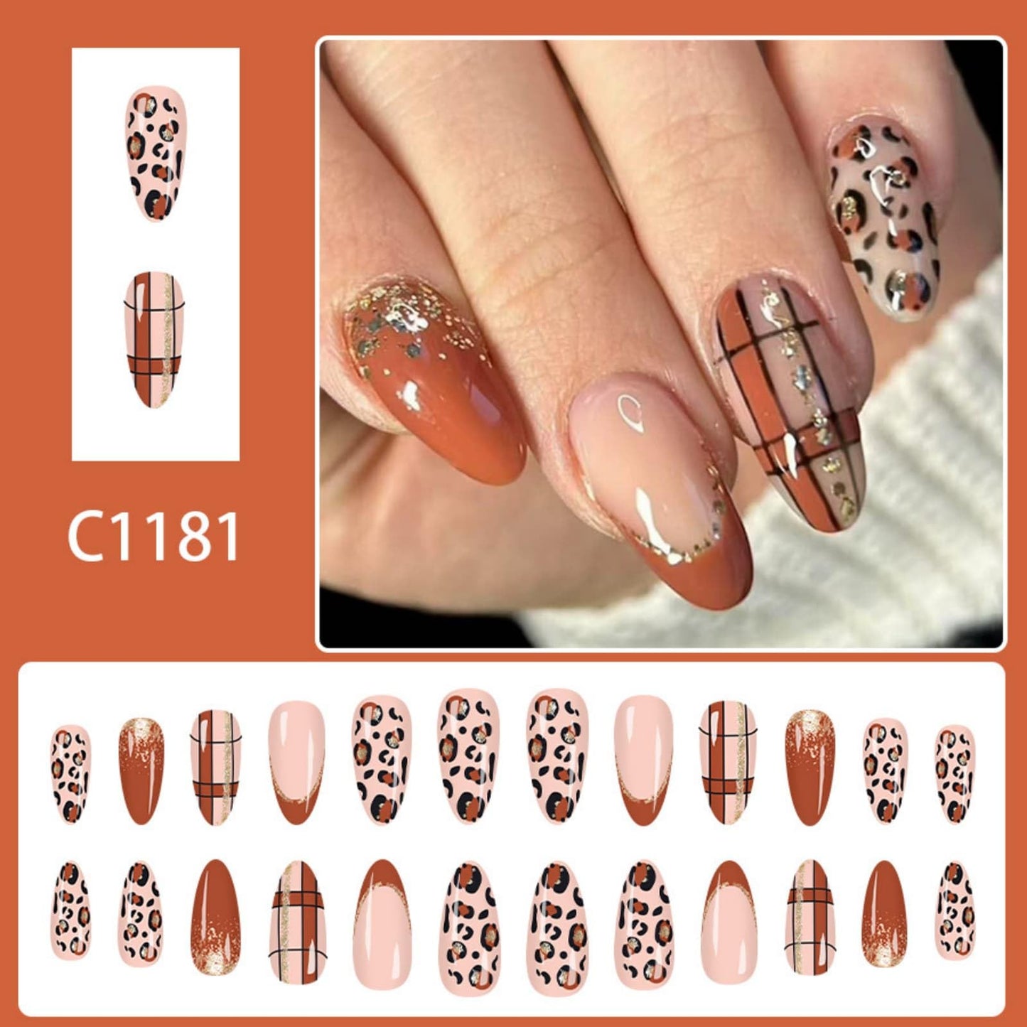 Medium Almond Press on Nails Brown Leopard Print French Tip Fake Nails Gold Glitter Leopard Print Designs Full Cover Acrylic Nails Removable Artificial Stick on Nails for Women 24 Pcs