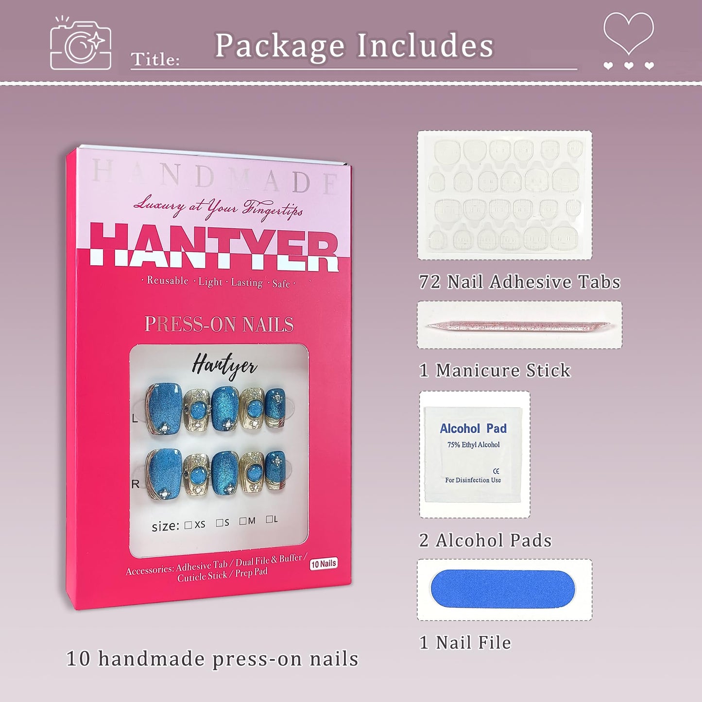 Hantyer Short Square Press On Nails,Baroque Style Blue Cat Eye Mirror Powder Sparkling Ice Design Fake Nails 10PCS with Tools Kits,Hand-Painted Gold Luxury False Nails for Elegant Daily Wear(S)