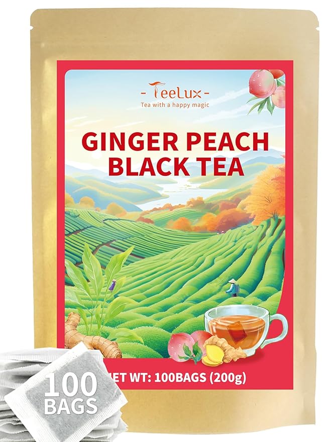TeeLux Peach Ginger Black Tea, Mellow Black Tea with Spicy Ginger & Peach Flavor, Caffeinated, 100 Count
