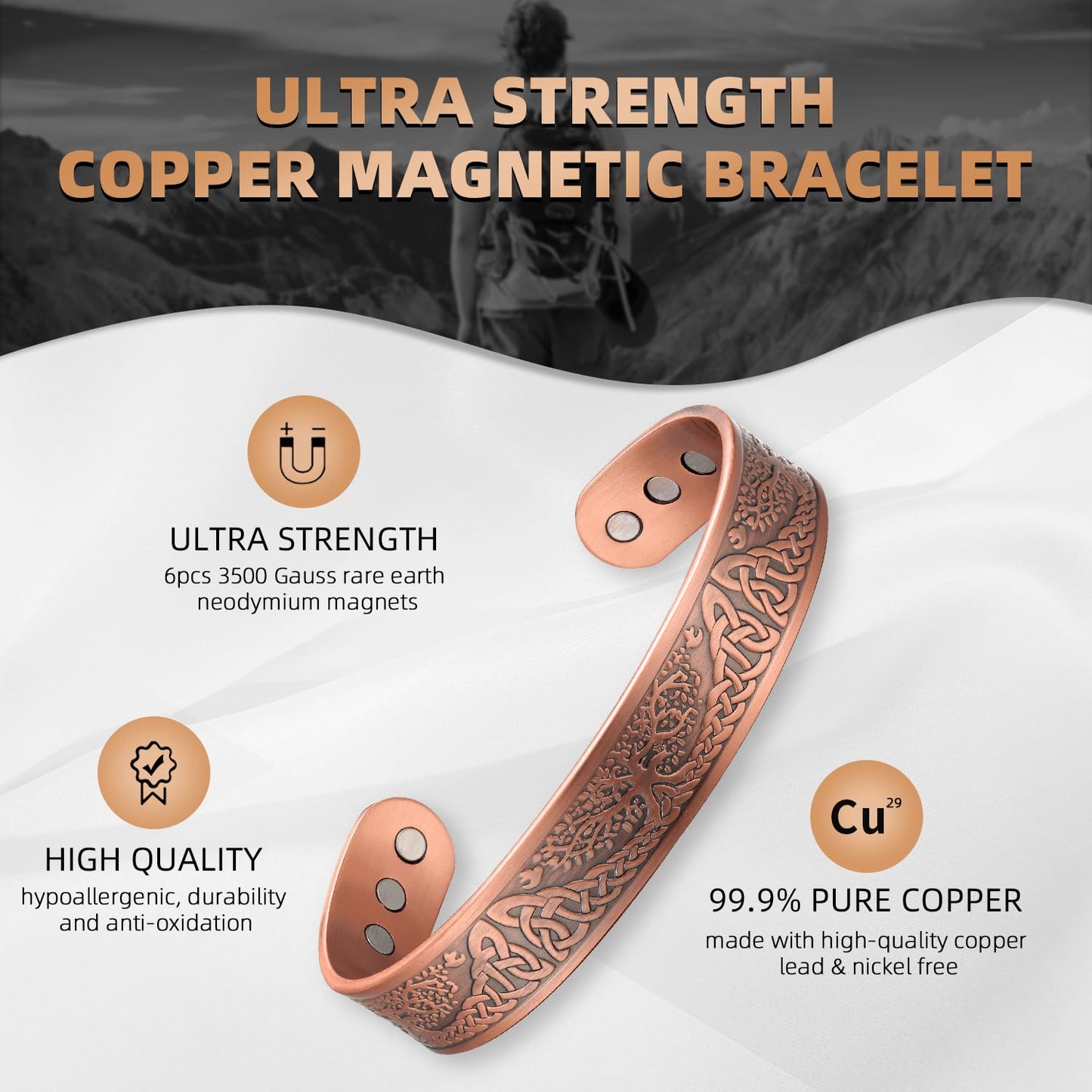 MagEnergy Copper Bracelet For Men Women, Tree of Life 99.99% Pure Copper Magnetic Bracelets,7.3''Adjustable Cuff Bangle Jewelry Gift