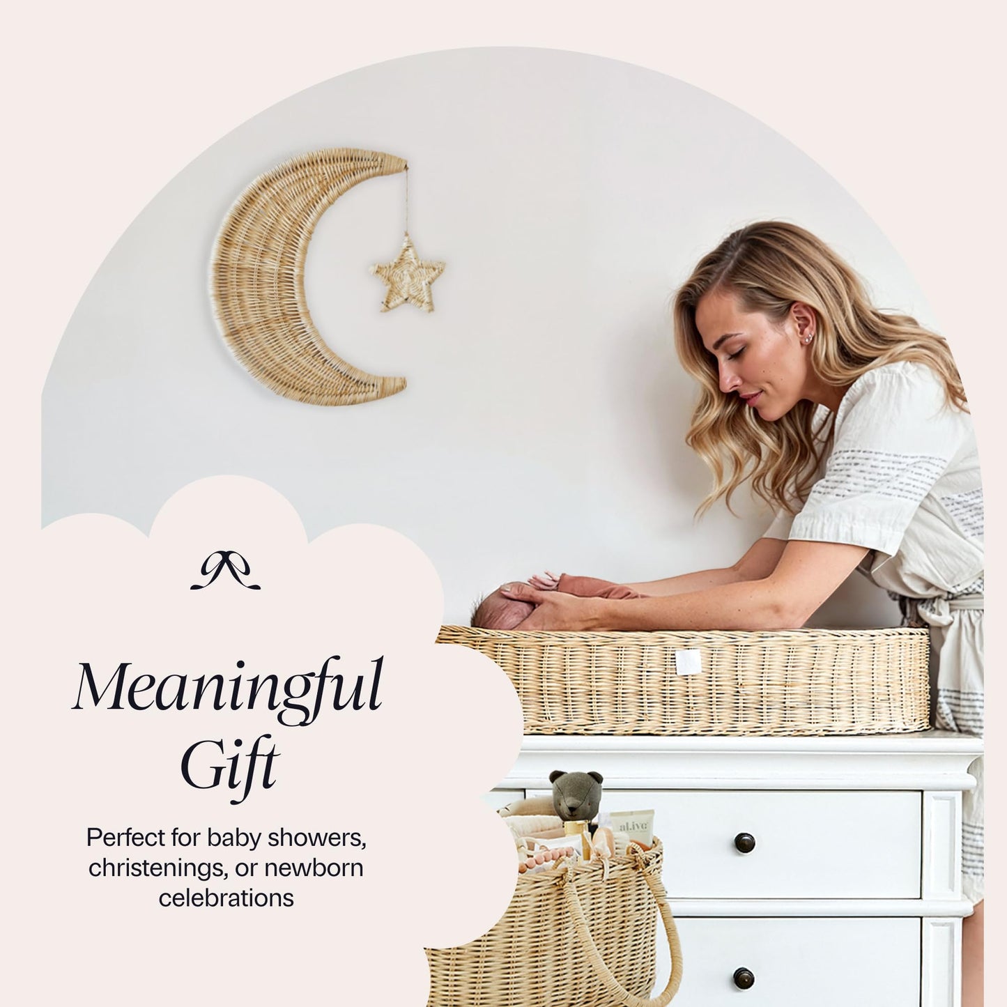 BEBE BASK Handmade Rattan Moon Wall Decor with Star - 100% Natural Organic Rattan Moon Decor for The Boho Nursery Decor - Moon and Stars Nursery Décor