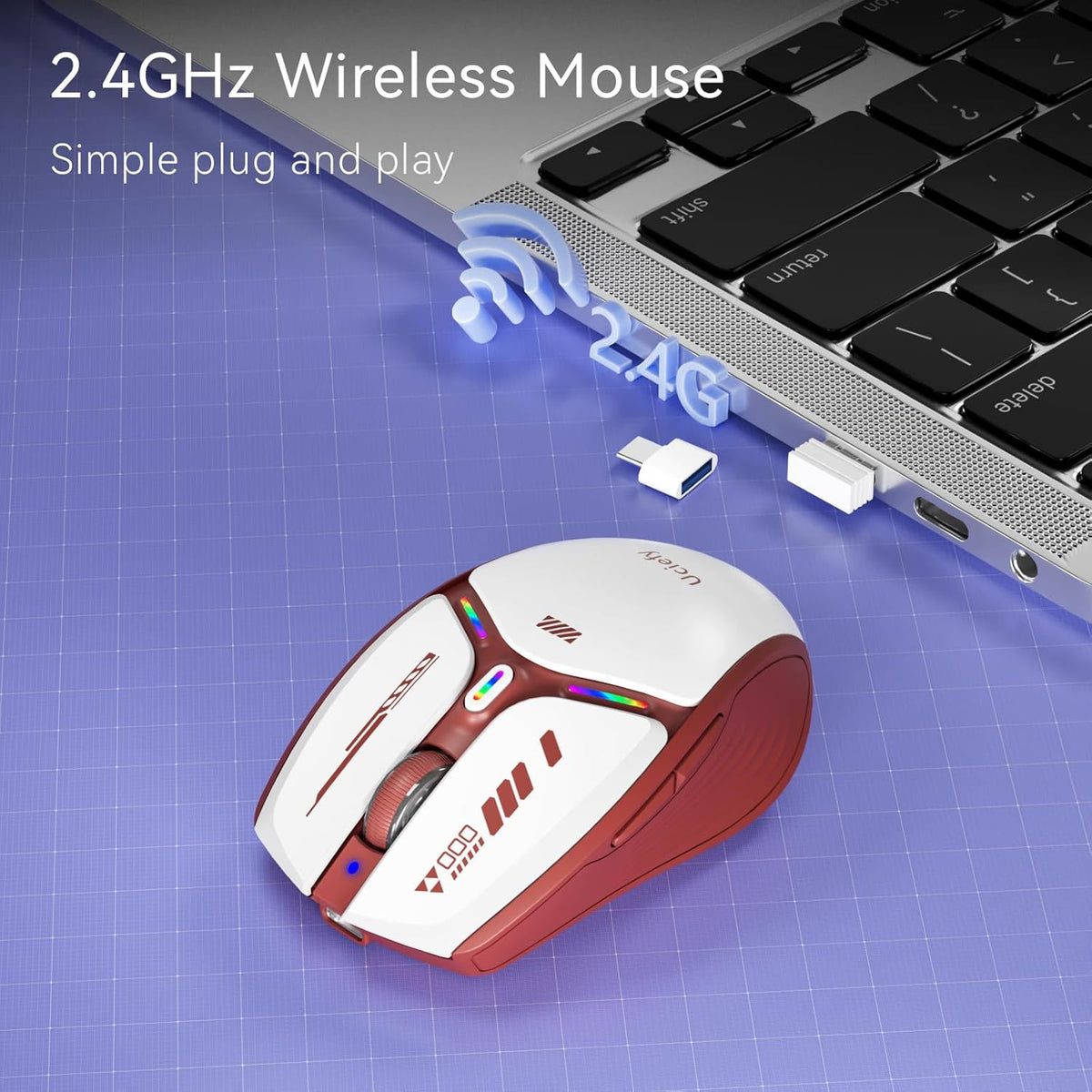 Uciefy V19 Wireless Mouse, 2.4GHz Rechargeable Mouse LED with Battery Indicator, Magnetic Computer Mice with USB Receiver & Type-C Adapter for Laptop/PC/Mac/Chromebook-Red