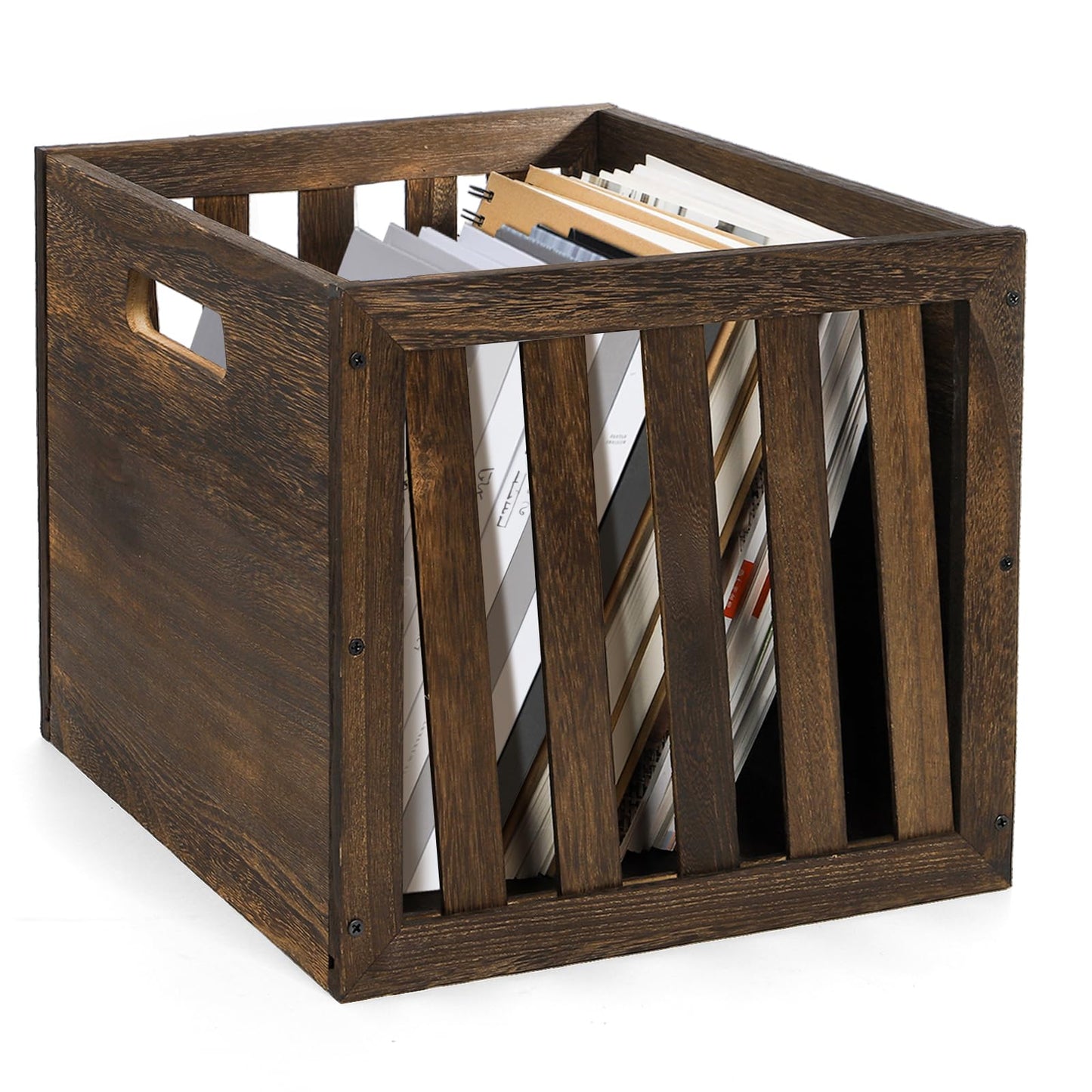 yarlung Wood Storage Bin Cube Wood Crate with Handles, Rustic Brown Decorative Box, Stackable Shelf Basket Books Organizer for Closet, Bookcase, 12"x12"x11", Easy Assembly