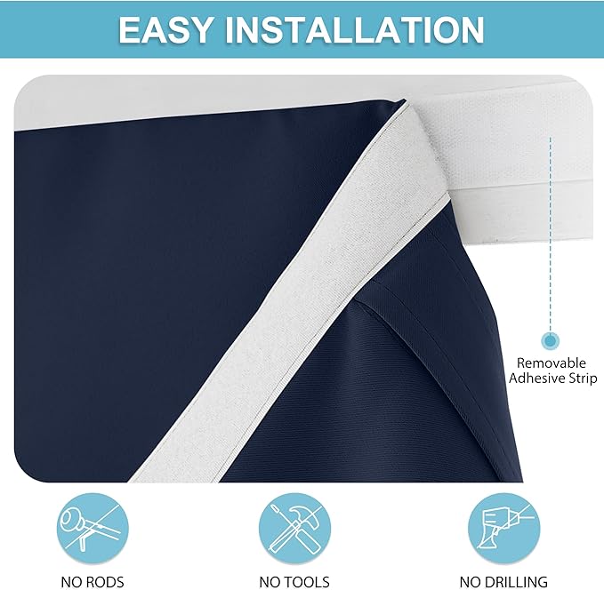 RYB HOME Blackout French Door Curtain - Privacy Thermal Insulated Window Shades for Patio Kitchen Front Entry Back Door Glass Window, Self Adhesive No Drill, 1 Panel, 12" W x 69" L, Navy