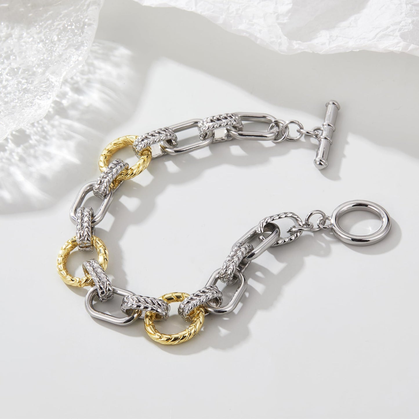 Mytys Link Bracelet for Women 2 tone Circles Chain Silver and Gold Wire Cable Bangle Designer Inspired Bracelets (Gold & Silver 12)