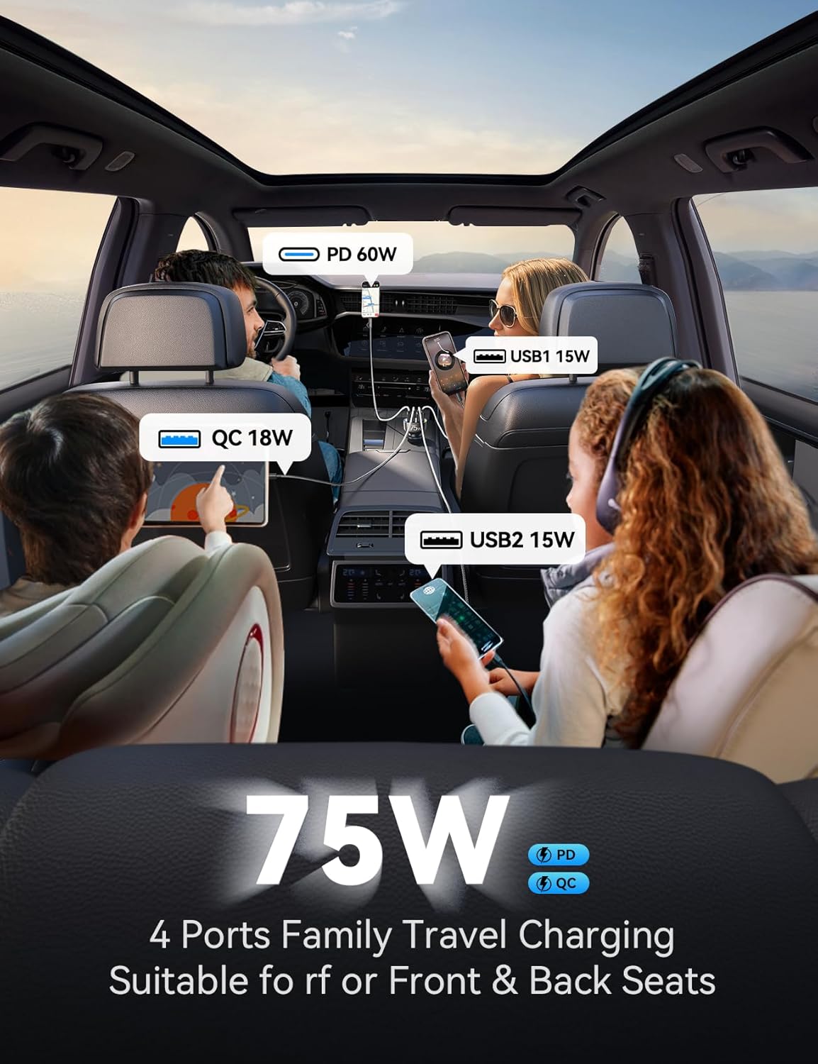 USB C Car Charger Cigarette Lighter Adapter 75W 4-Port Fast Car Charger Fast Charging Compatible with iPhone16/15/14/13 Series