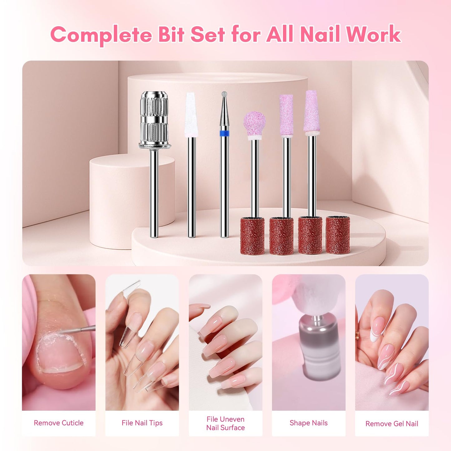 Makartt Nail Drill Professional, 35,000RPM Rechargeable Electric Nail File for Acrylic & Gel Removal, 60W Brushless Motor, 2-in-1 Desktop & Portable, LCD Display, for Home & Salon Use, Nouvella Pink