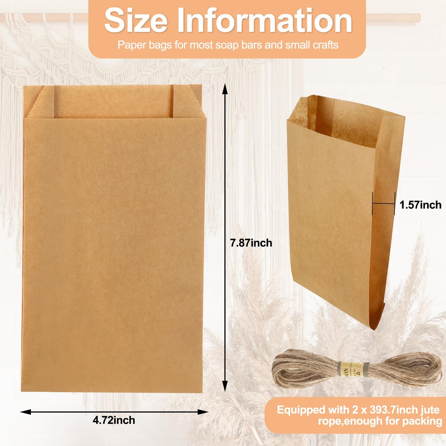 Fulmoon 100 Pieces Soap Paper Bags, 5'' x 8'' Kraft Paper Bags for Packaging Soap Making Wrappers with 394 In Jute Ropes for Candy Lipstick Gift Crafts Merchandise Wedding Gift Wrapping (Solid Color)