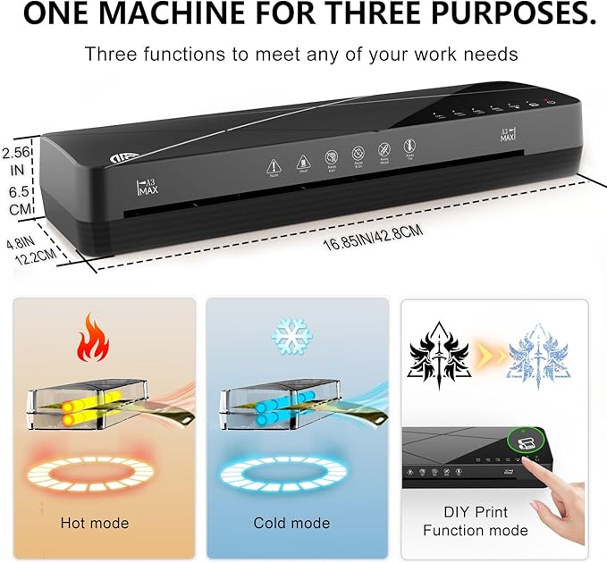 Crenova Laminator Machine 13 inch, Laminating Machine 60s Quick Warm Up Auto Off, Cold Hot Lamination Machine with ABS Jam Free, Laminator for Home Office School, Black