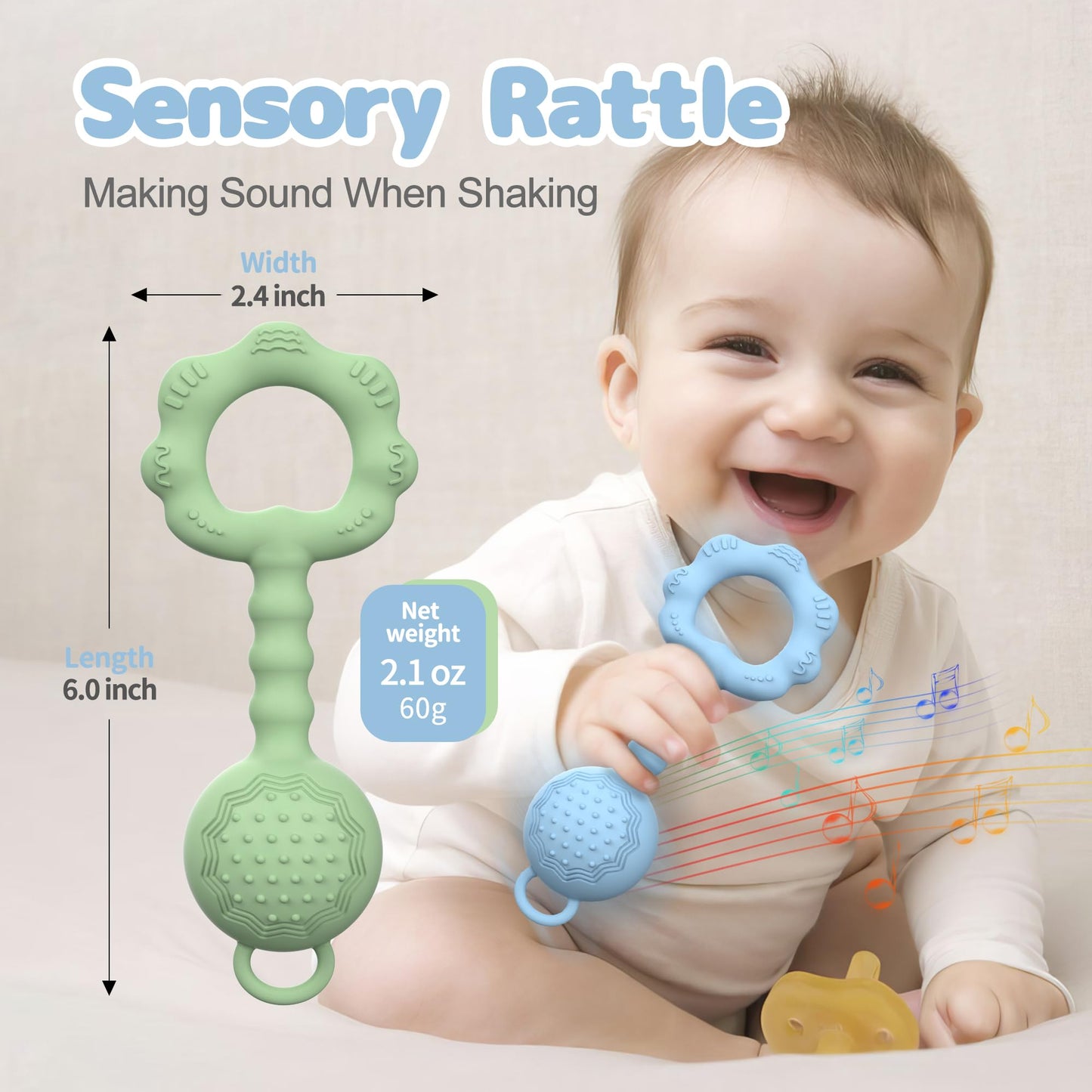 2 Pcs Baby Rattle Teether, 2-in-1 Rattle and Teether Toy for Soothing Sore Gums and Keeps Little Ones Entertained, Food Grade Silicone (Blue+Green)