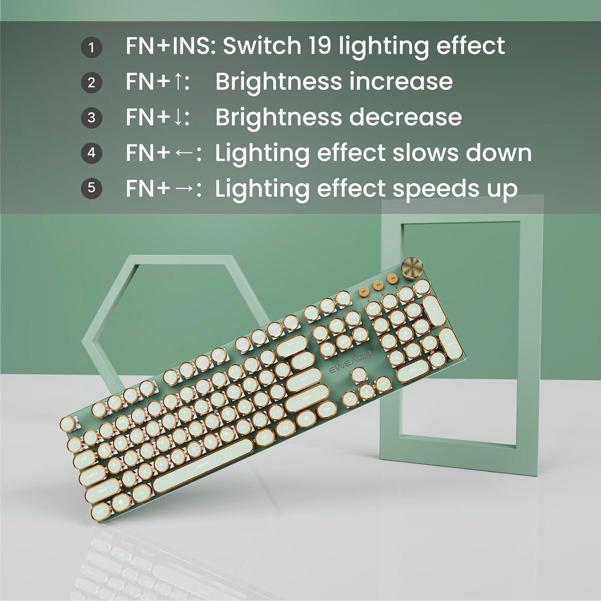 EWEADN V20 Typewriter Keyboard Wireless, 104 Keys Typewriter Style Mechanical with White Backlit, Media Knob, Pink Switch 2.4G/Bluetooth/USB-C Wired Retro Full Size Keyboard for Windows/Mac/PC-Green