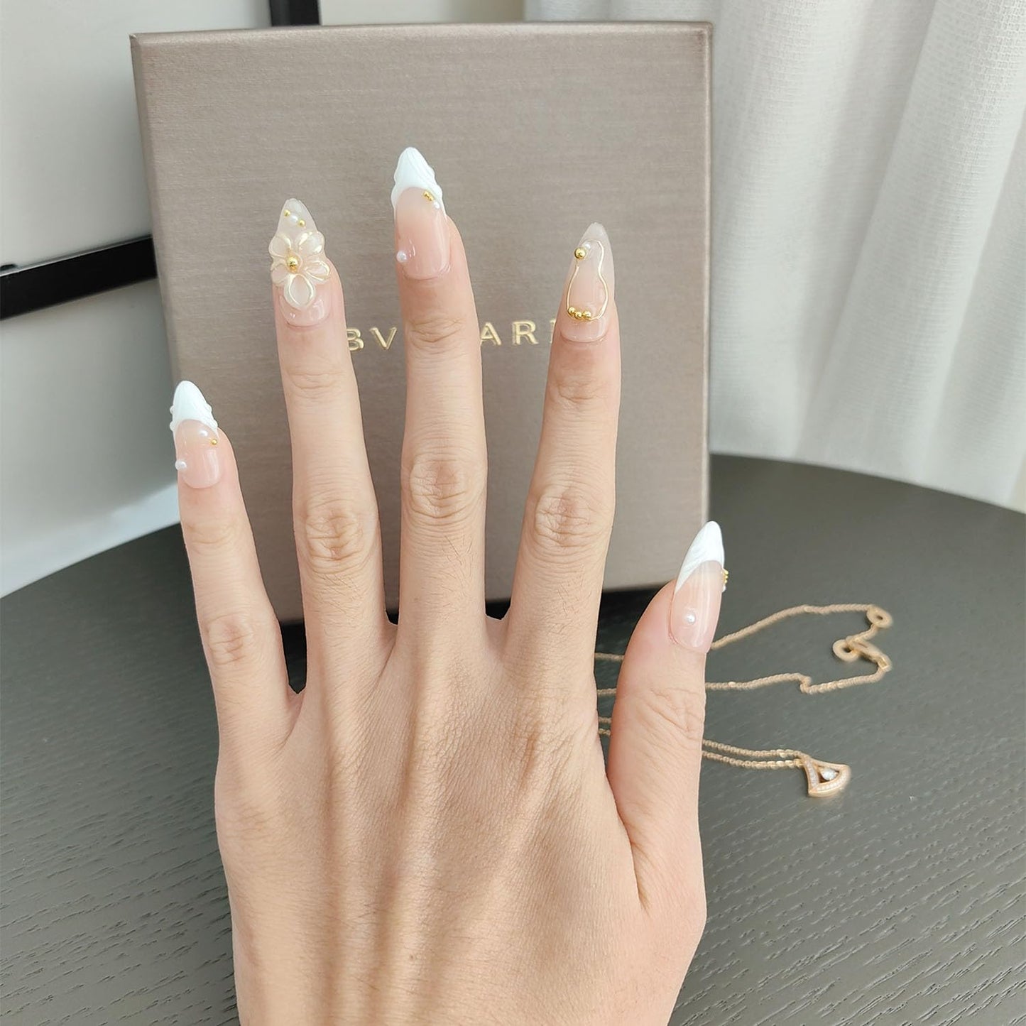 10Pcs Medium Almond Handmade Press On Nails | Easy Apply & Remove, Reusable Salon Quality Nails | Elegant Nude Fake Nails with 3D Floral, Wave French Tip & Pearl Gold Bead Accents(5U13, M)