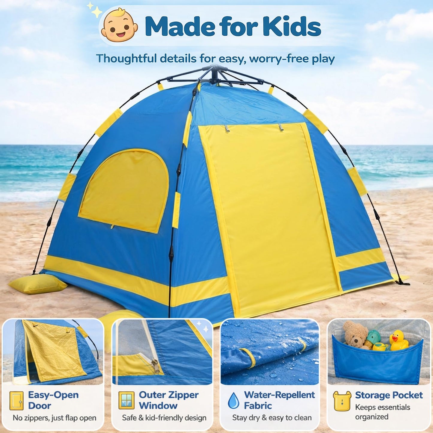 Baby Beach Tent Pop Up Sun Shelter with UPF 50+ UV Protection, Silver-Coated Interior, Breathable Mesh Ventilation, Easy Setup, Wind-Stable Beach Shade for Infants & Toddlers