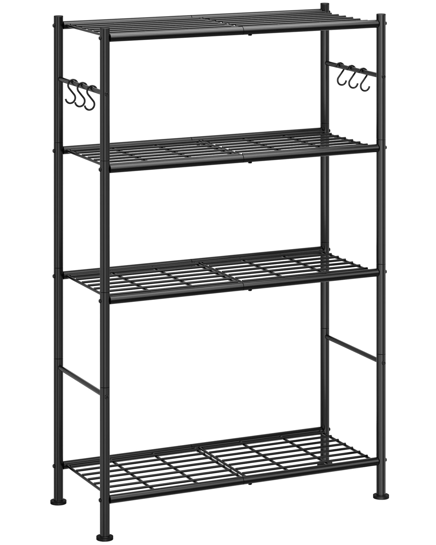 Sakugi Storage Shelves - 4-Tier Spacious Shelf Organizer with Hooks & Leveling Feet, Easy to Assemble, Rust-Resistant Garage Shelving for Kitchen, Pantry, Bedroom, 33.2" x 12.7" x 57.3", Black