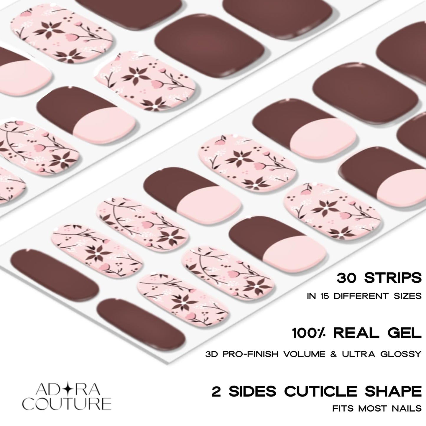 Semi Cured Gel Nail Strips with 30 Pieces – UV Gel Nail Stickers & Nail Wraps, Complete Manicure Kit Includes Prep Pads, Nail File and Wooden Stick, Easy Application, UV Light Required (Mocha Fleur)