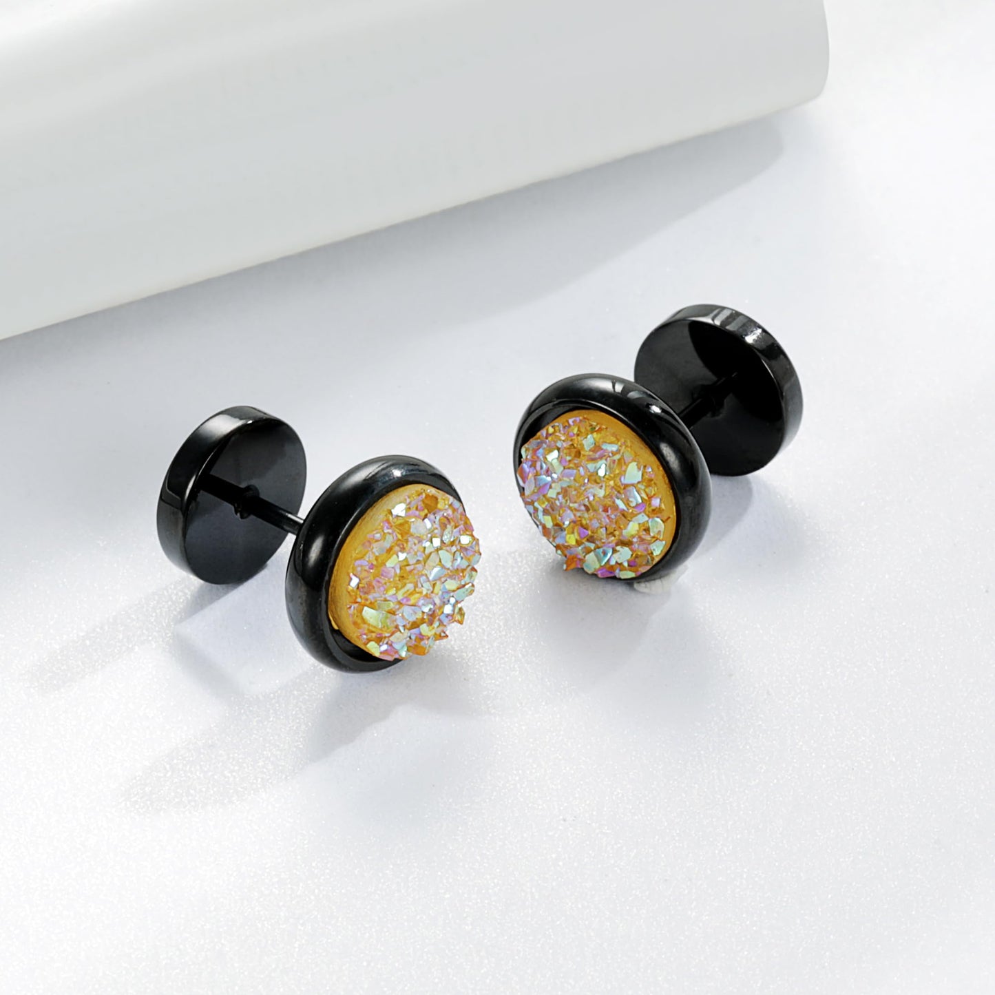 VOLUKA Crystal Stone Stud Earrings Flat Back Non-Nickel Titanium Stainless Steel Hypoallergenic Cartilage Earrings Stud for Sensitive Ears Women Men(Yellow-black)
