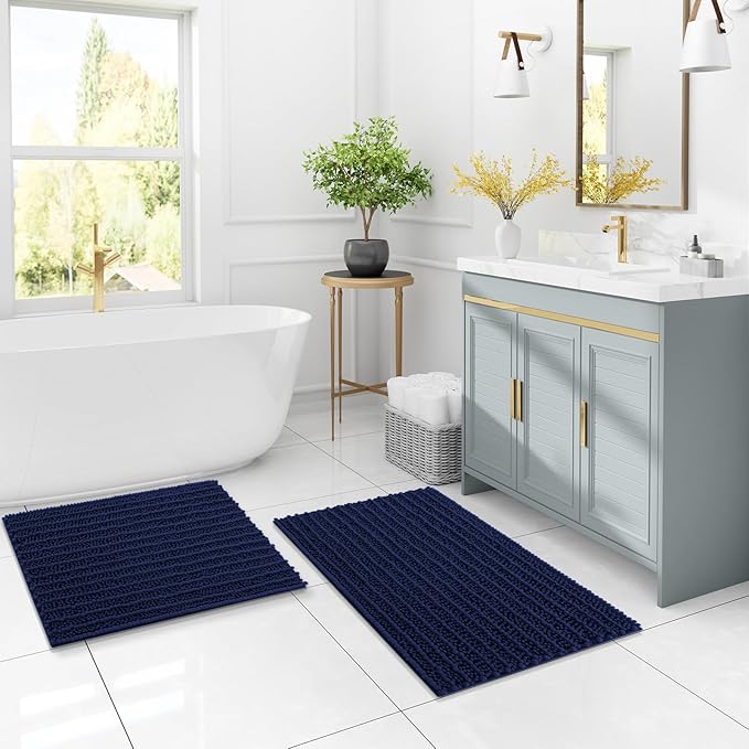 Arotive Luxury Chenille Bathroom Rug Mat, Extra Soft Thick Absorbent Shaggy Bath Rugs, Non-Slip Machine Wash Dry, Plush Bath Mats for Bathroom, Shower and Tub, 34x21, Navy