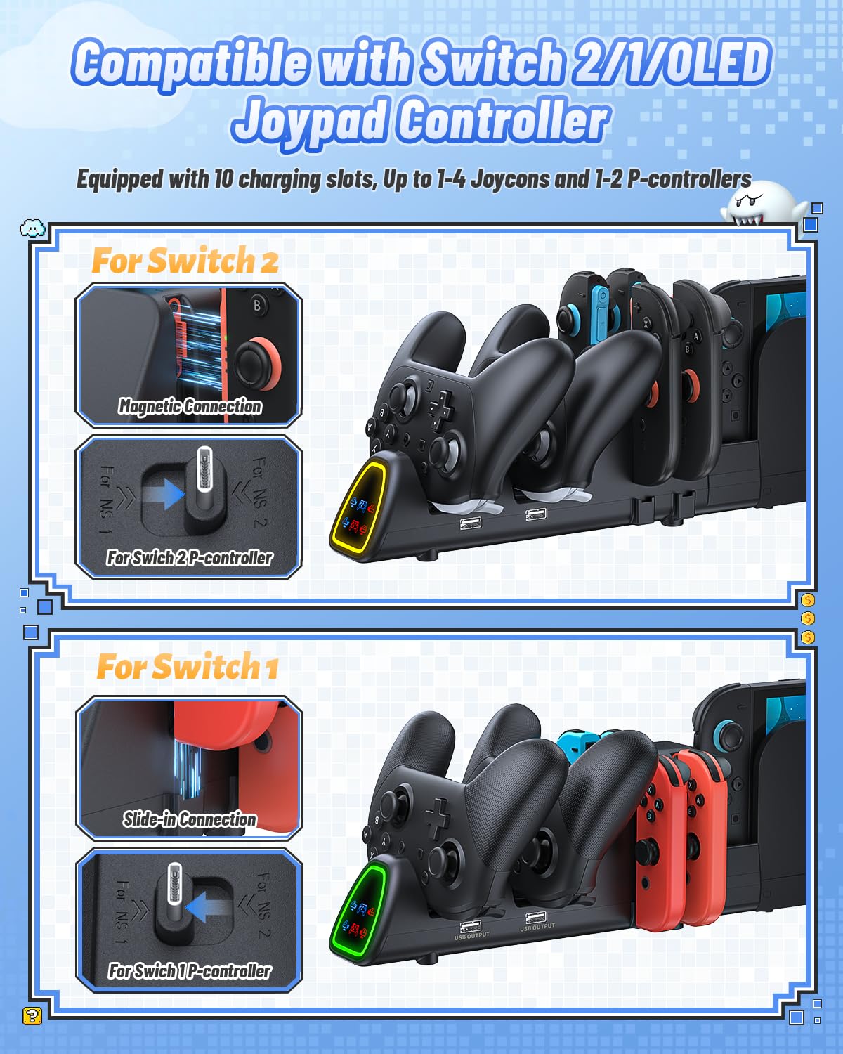 FASTSNAIL [Switch 1/2 Compatible] Controller Charging Dock for Nintendo Switch 2/1 for Joycon 2, 10 in 1 Fast Controller Charger Station Stand for Pro Controller 2/1 with 11 RGB Modes, LED Indicator