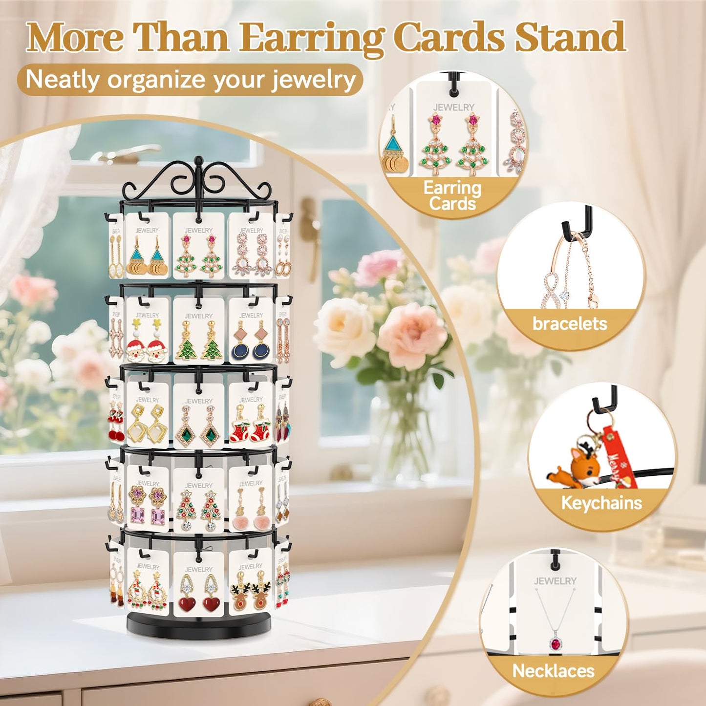 MODOWEY Earring Card Display Stand for Vendors, 50 Hooks Metal Rotating Organizer Rack Holder, 5 Tier Adjustable Jewelry Tree for Stud Pierced Dangle Selling, Boost Sales Compact Earing Hanger, Black