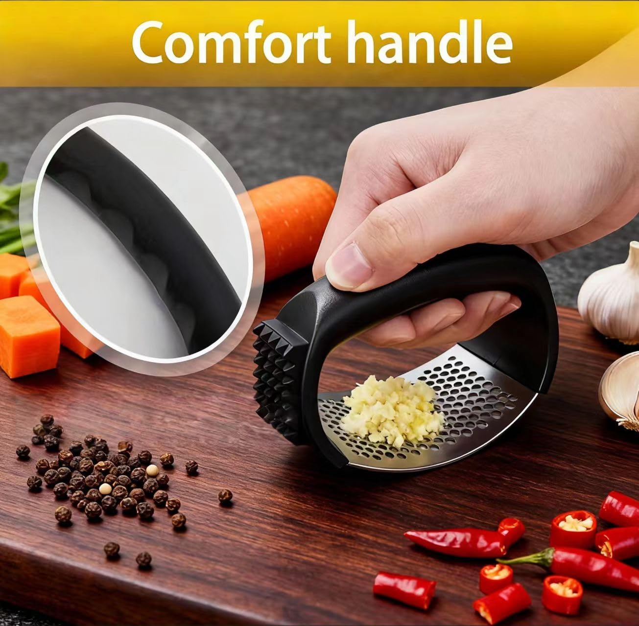 Garlic Press Equipped with Soft Ergonomic Handle, Easy to Crush Garlic, Easy to Clean, and Rust-resistant, Upgrade Black