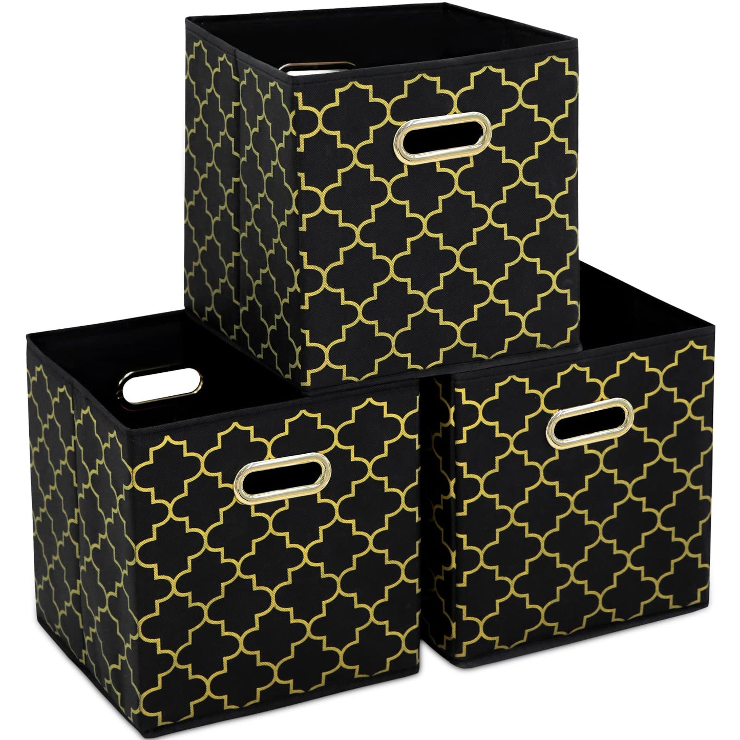 Yunkeeper Fabric storage bins Cubes, Fabric Cube Organizer with Handle, Foldable Cube Bins for Cloth or Accessary Storage, 11x11x11, Set of 3, (Black Gold)