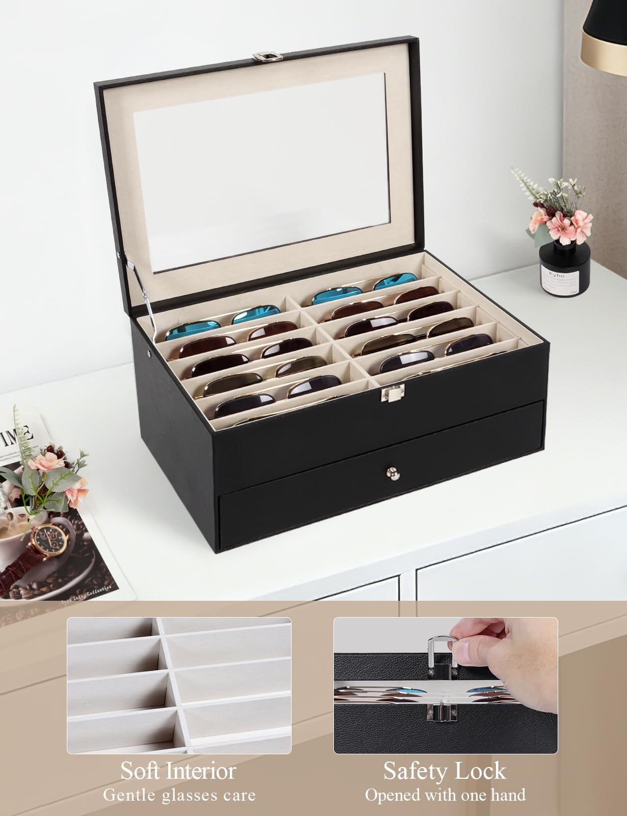 Huvon Sunglasses Storage Organizer Case with 24 Adjustable Slots, 2 Layer Multi Eyeglass Glasses Display Box with Lid Women