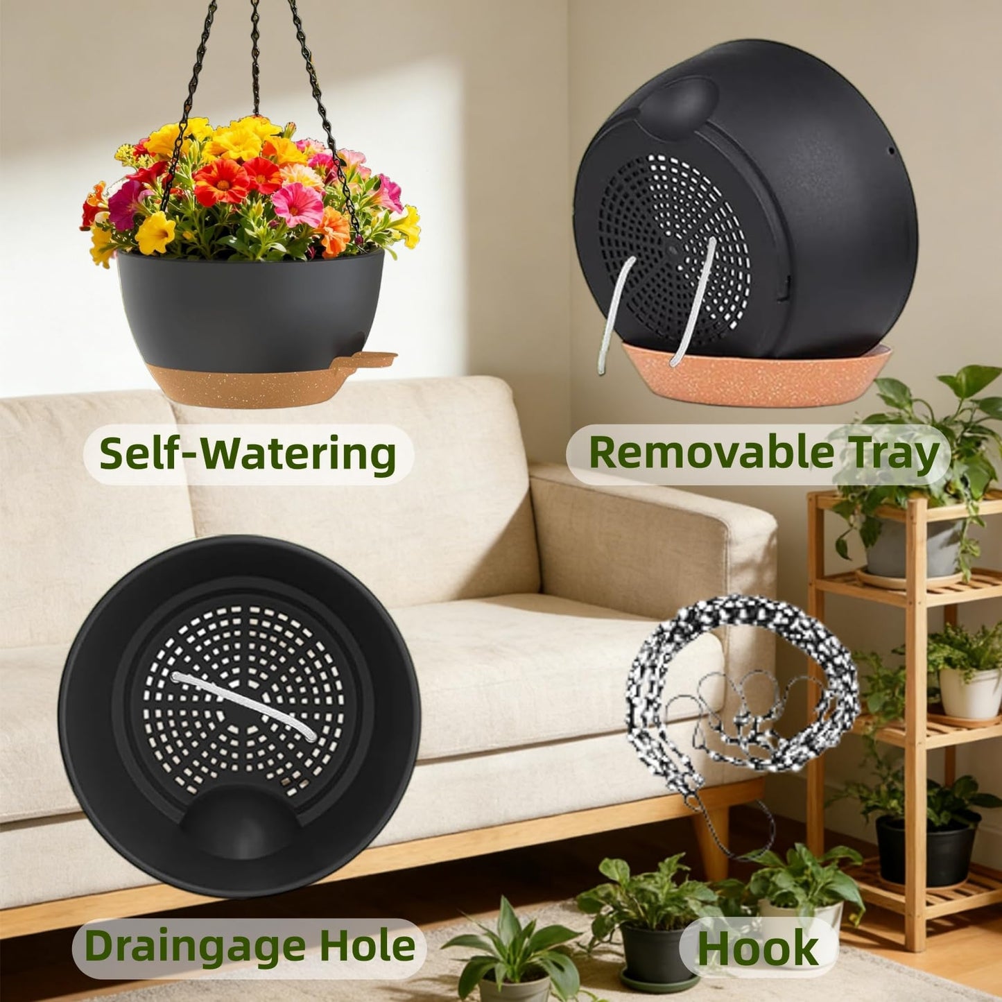 TESSTSY 3 Pack Hanging Planters for Indoor Outdoor Plants, 10 Inch Self Watering Hanging Pots for Plants, Plastic Hanging Flower Baskets for Plants Hanger with Drainage and Tray, Chain (Black Brown)
