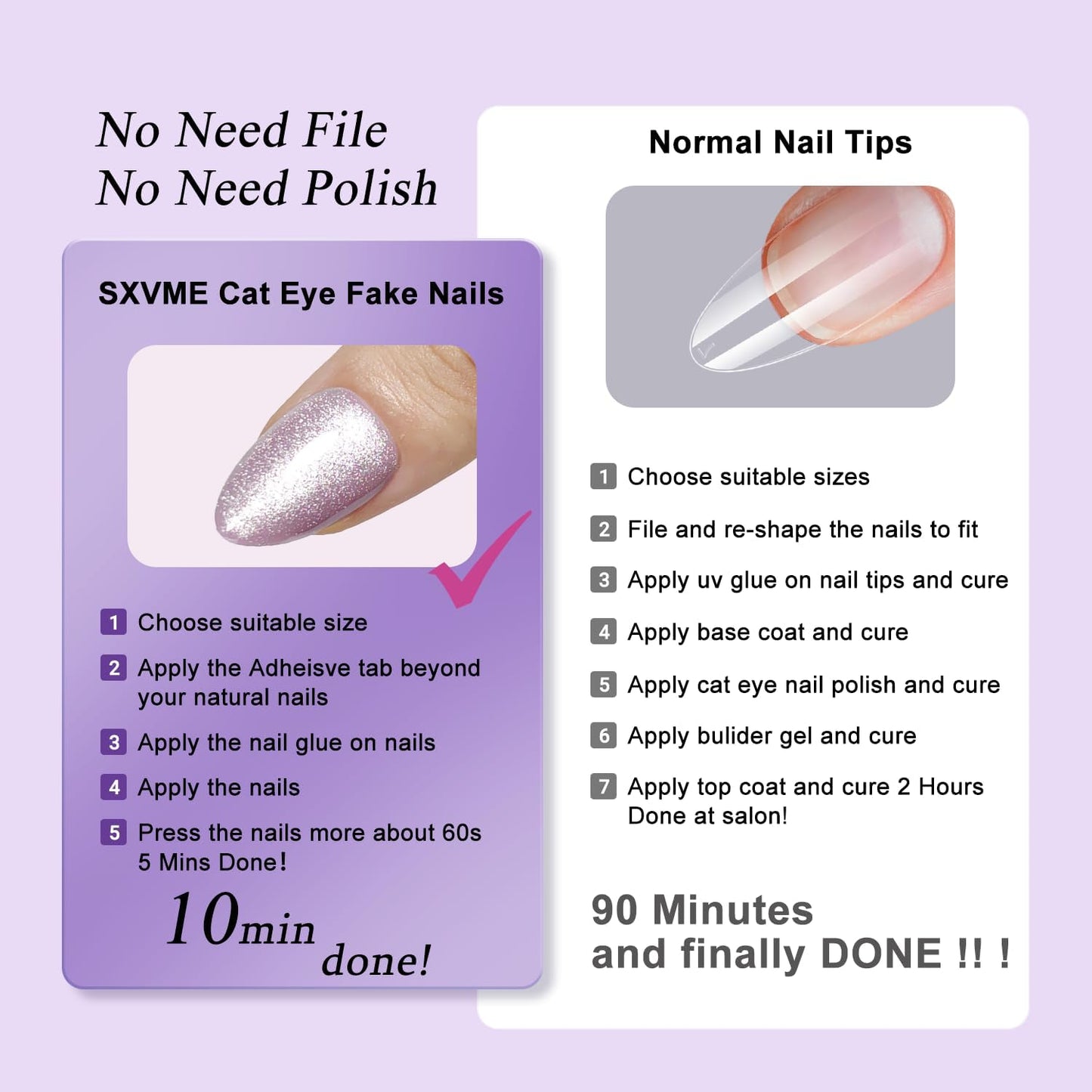 SXVME Cat Eye Light Purple Press On Nails Short Almond Shaped - 30 Pcs Stiletto Short Fake Nails Acrylic Press ons Natural Thick Gel Opaque Glitter Glue on Nails for Women