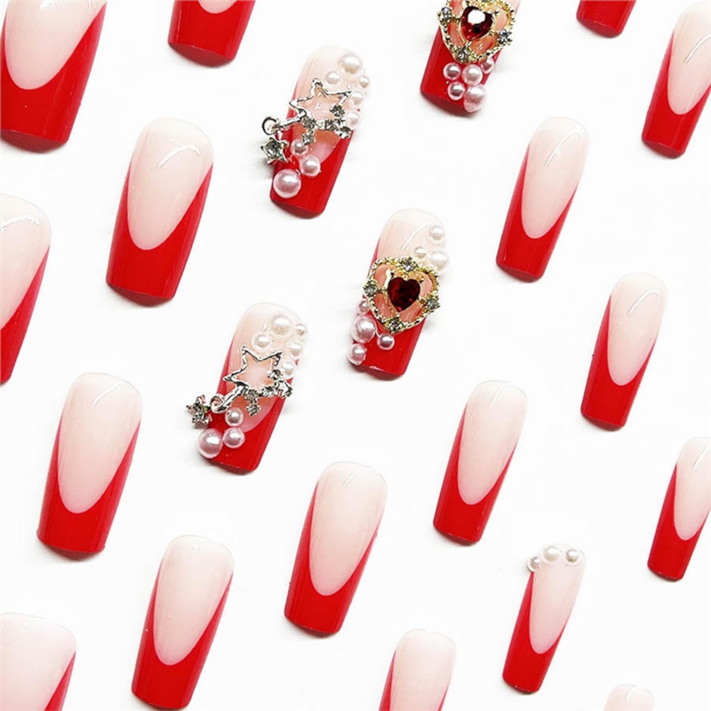 Long Press on Nails Square Fake Nails Red Artificial Nail Pearl and Silver Stars Designs Heart Stick on Nail for Women 24pcs