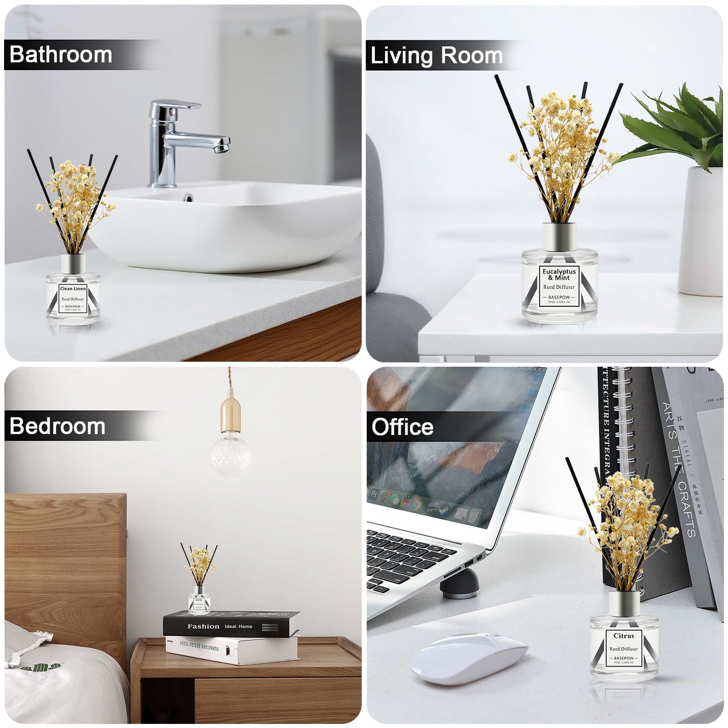 BASEPOW Reed Diffuser Set of 3 Pack,Clean Linen,Vanilla,Citrus Scented Oil Diffuser with 12 Sticks,Reed Diffuser for Home Living Room Office Bathroom Air Freshener,50ml x 3