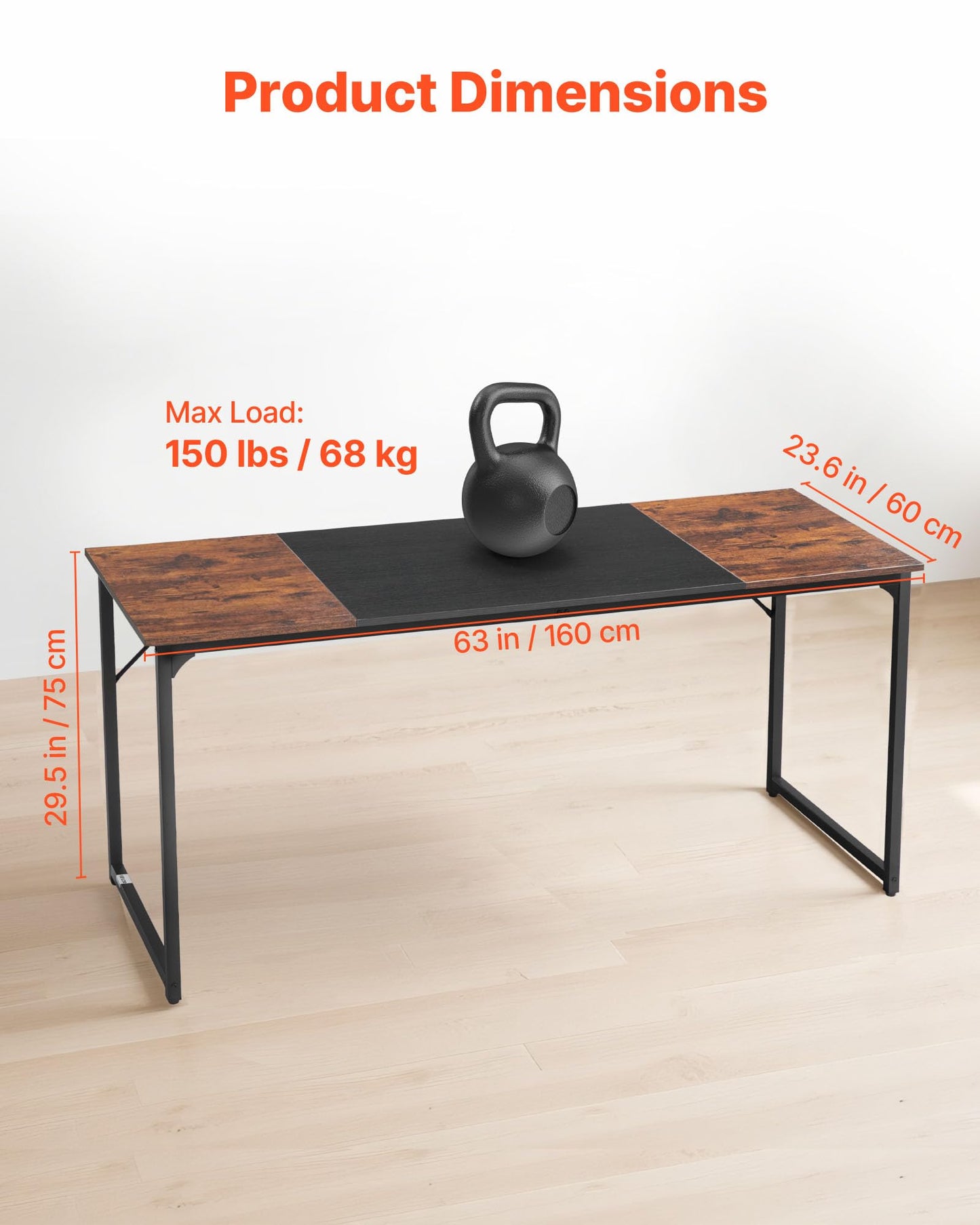 VEVOR Computer Desk, 63 Inch Office Gaming Desk for Home Office, Writing Study Work Modern Simple Table with Metal Frame for Large Legroom, Rustic Brown and Black