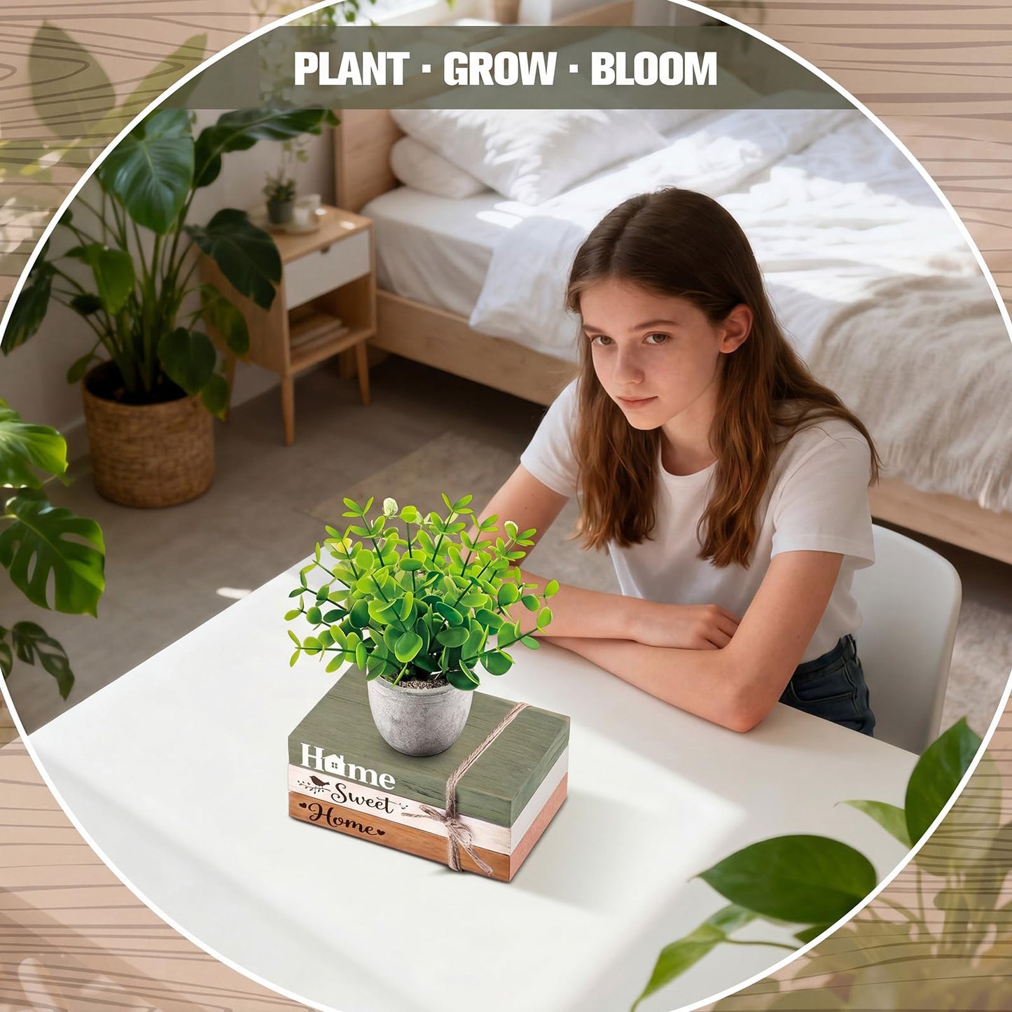 Wesiti 4 Pcs Spring Table Centerpieces with Fake Eucalyptus Pot Plant Home Sweet Home Decoration Farmhouse Tiered Tray Tabletop Decor Wooden Stack Book Block Sign for Desk Shelf Housewarming Gift