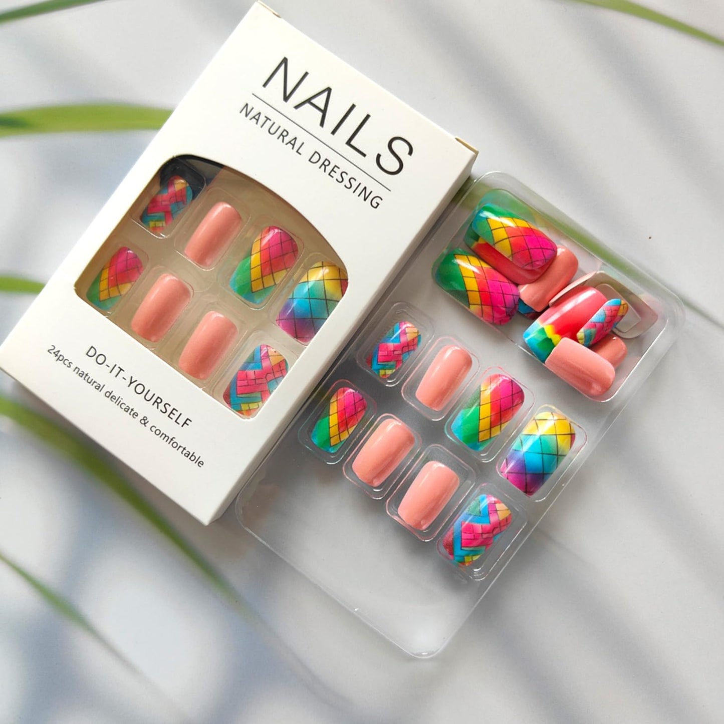 Square Press on Nails Colorful Rhombus Plaid Design Fake Nails Medium False Nails Glossy Acrylic Nails Cute Press on Nails Reusable Stick on Nails for Women Spring Summer Nails 24Pcs
