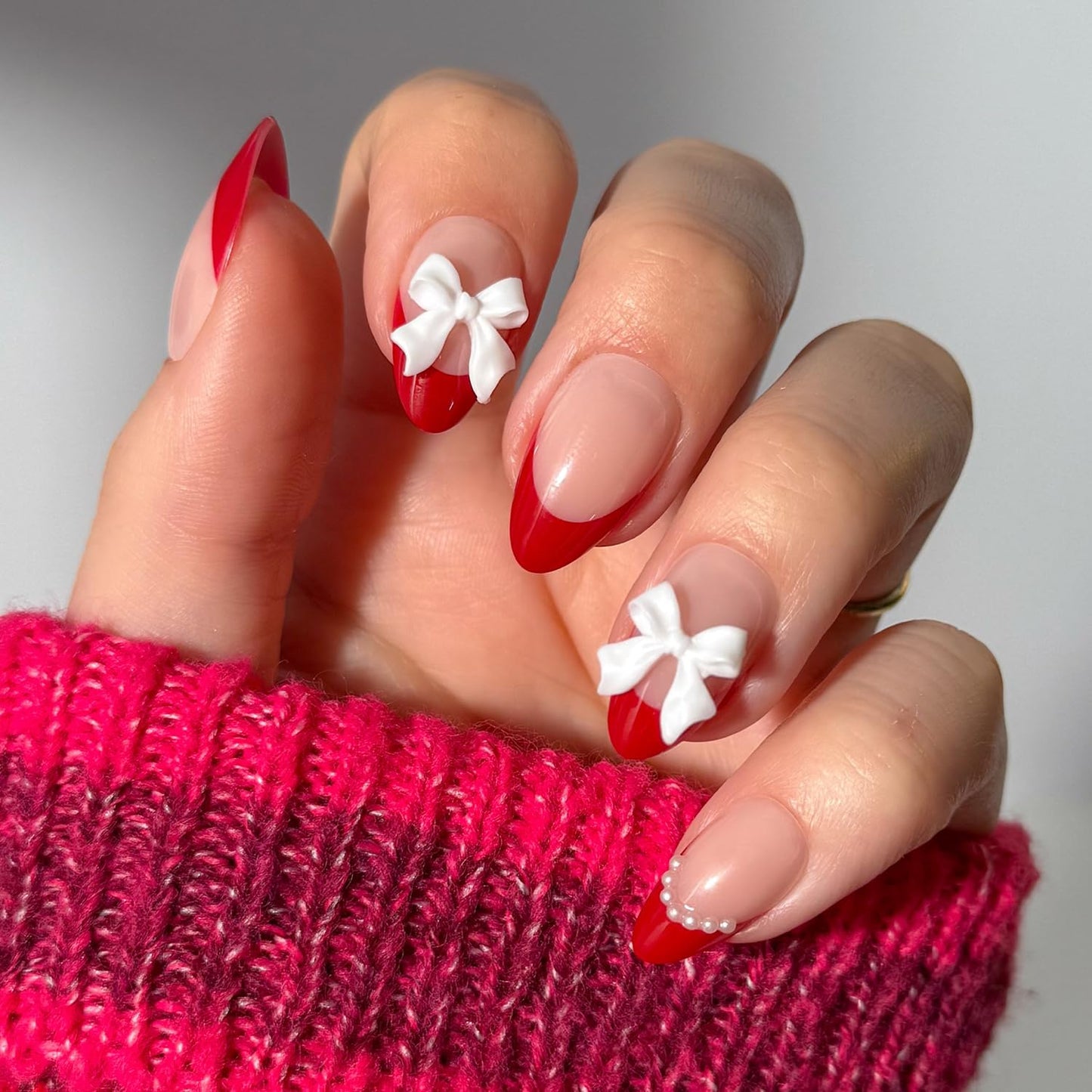 Glamnetic Press On Nails - Ruby Ribbons | Short Almond Fake Nails with Red French Tips & 3D Bows in a Glossy Finish, Salon Quality | 15 Sizes - 30 Nail Kit with Glue