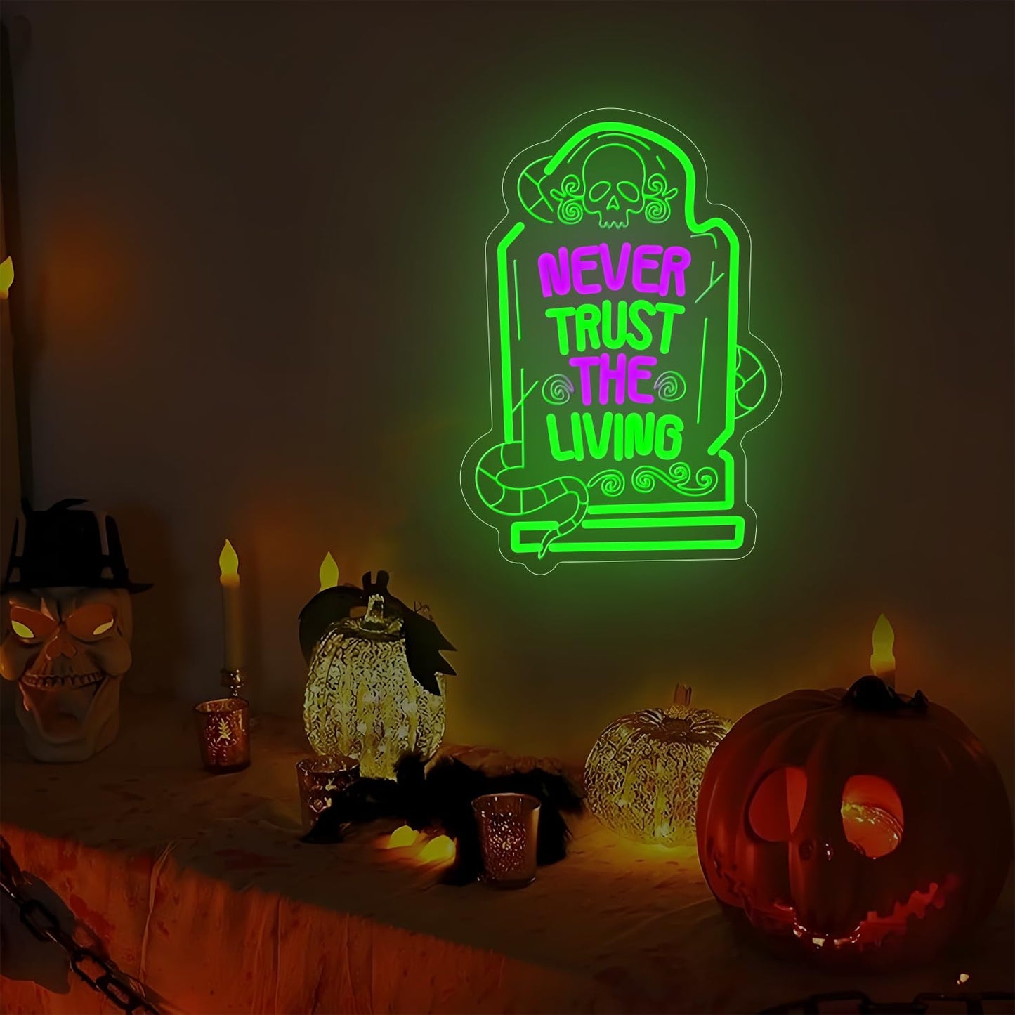 Never Trust The Living Neon Sign Led Sign for Wall Decor Dimmable USB Powered Letters Light Up Sign For Party Chamber of Secrets Script killing Terror House Man Cave Decor