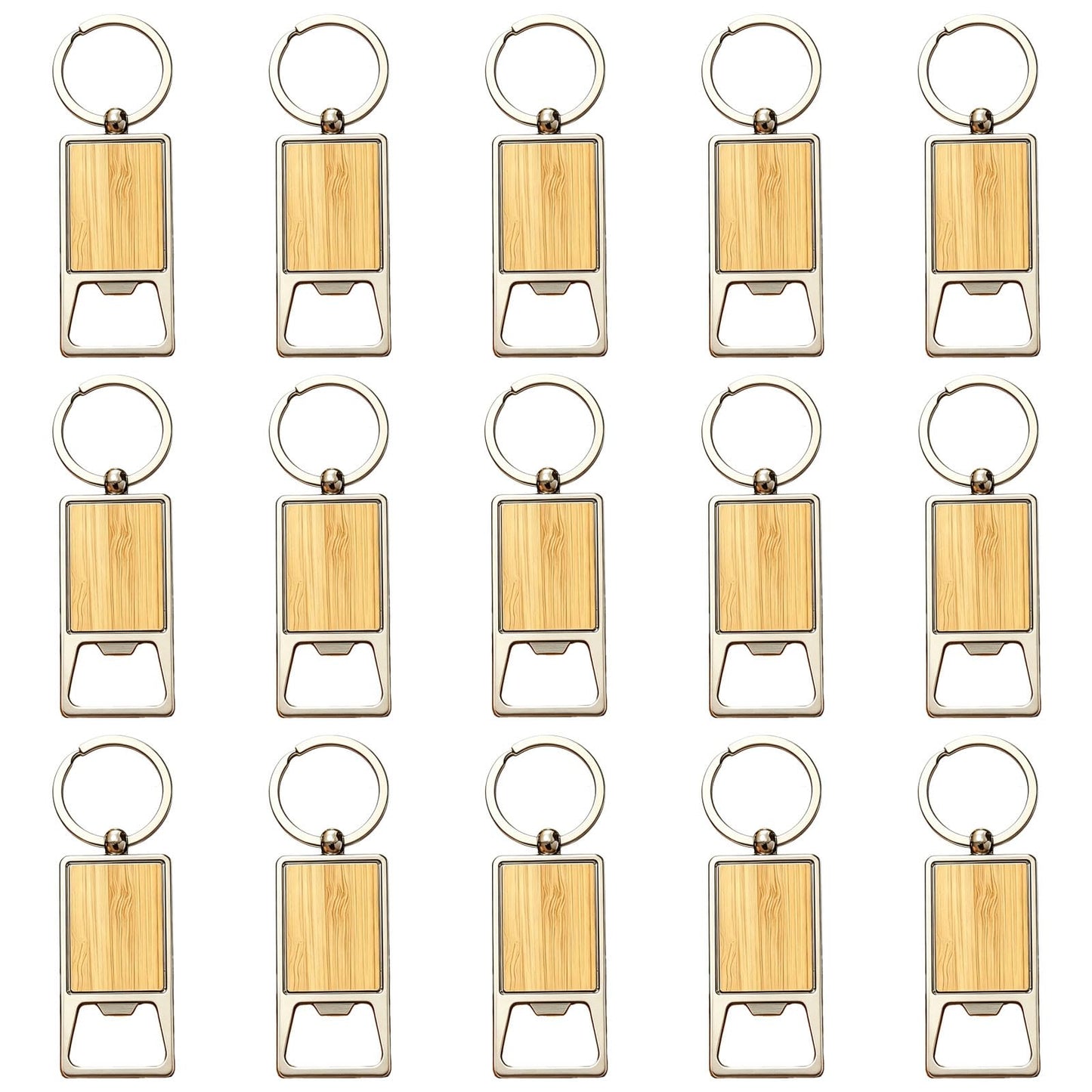 Frinnovan, 15 Pack Wooden Bottle Opener Keychains Blank Wood Openers Engraving Key Chains Tag for Engravable DIY Crafts (Rectangle 3)