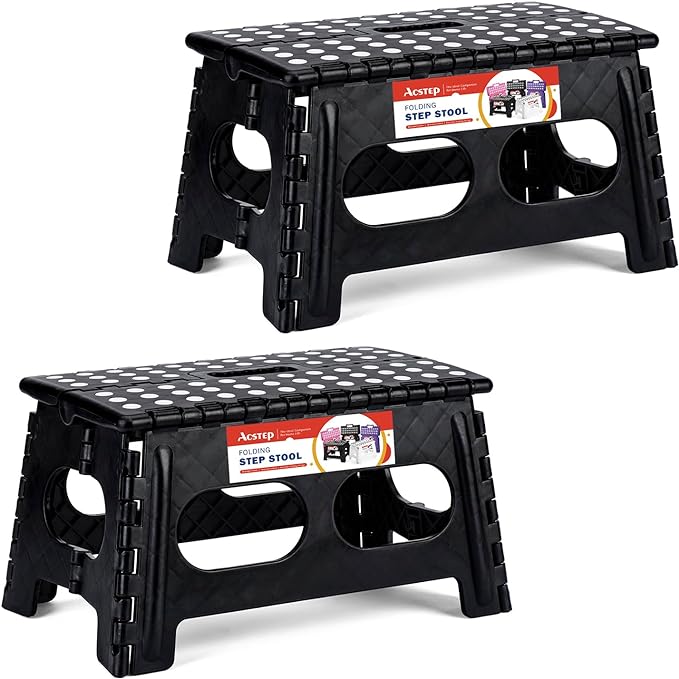 ACSTEP Foldable Step Stool for Kids and Adults,15-Inch Extra Wide 9-Inch Height (2 Pack) More Safe and Comfortable Holds Up to 300 lbs Folding Step Stool for Bathroom, Garden, Kitchen（Black）