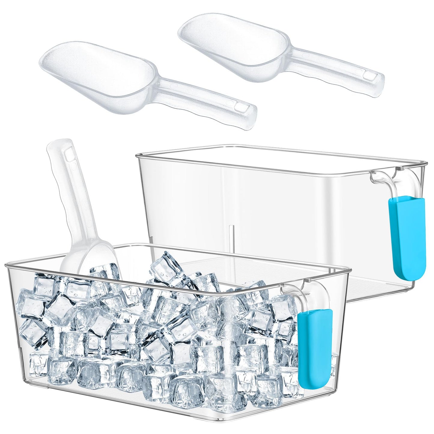 Havawish Ice Storage Bin and Flexible Scoop Set Plastic Freezer Bin with Pull out Handle Storage Bucket Clear for Container with Scoop(Light Blue,10.83 x 7 x 4.33 In,10.83 x 4.92 x 4.33 in,Classic)