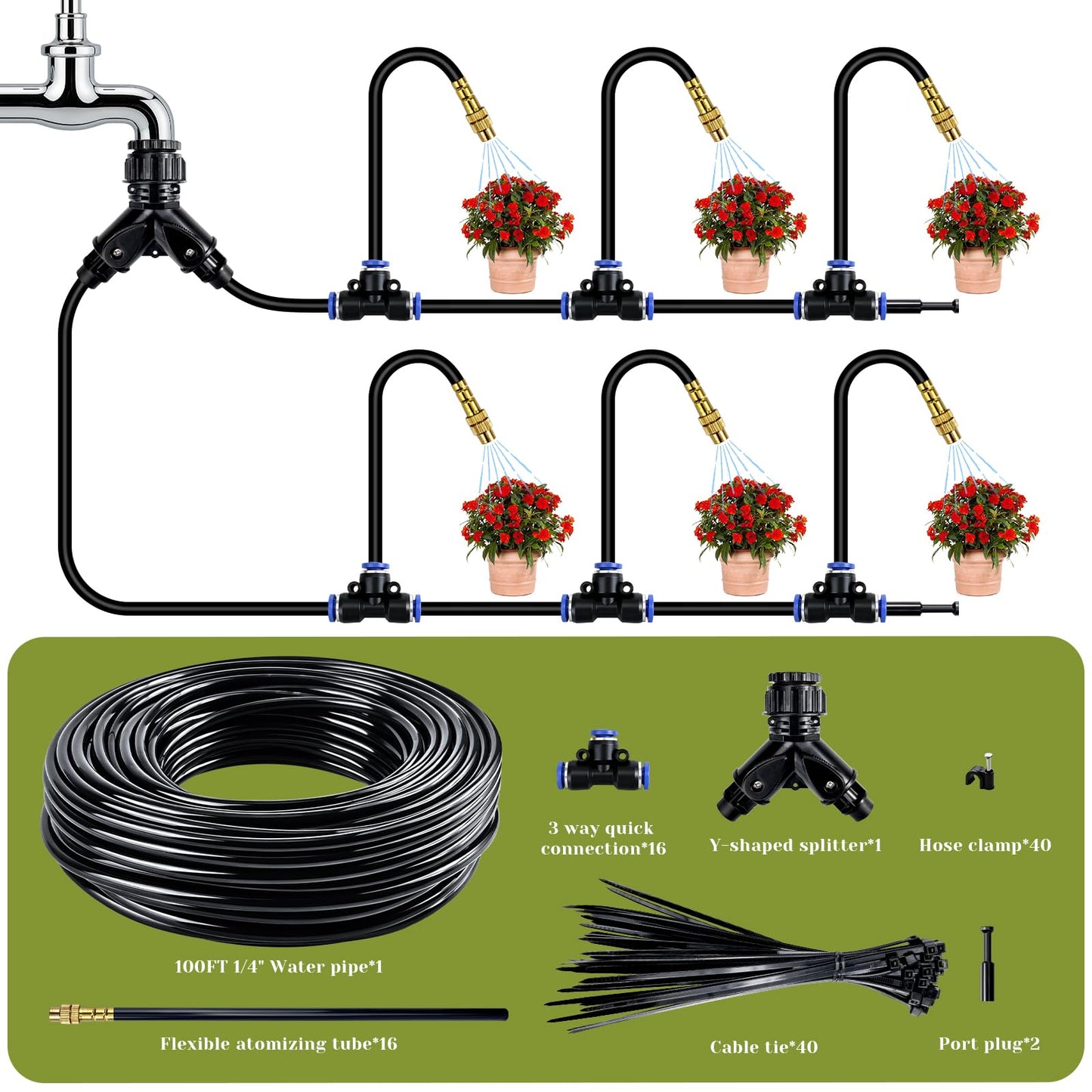100 Ft Drip Irrigation System for Garden - 16pcs Adjustable Brass Nozzles & Bendable Rod,Upgraded Garden Watering System for Outdoor Plants,Raised Bed,Yard,Potted Plant,Lawn