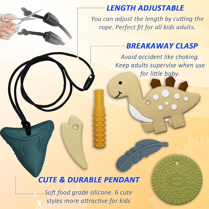 Chew Necklaces for Sensory Kids, Chewy Necklace Sensory Toys for Autism, ADHD, SPD, Reduces Chewing Fidgeting, Silicone Oral Motor Therapy Toys for Boys, Girls (6 Pack)