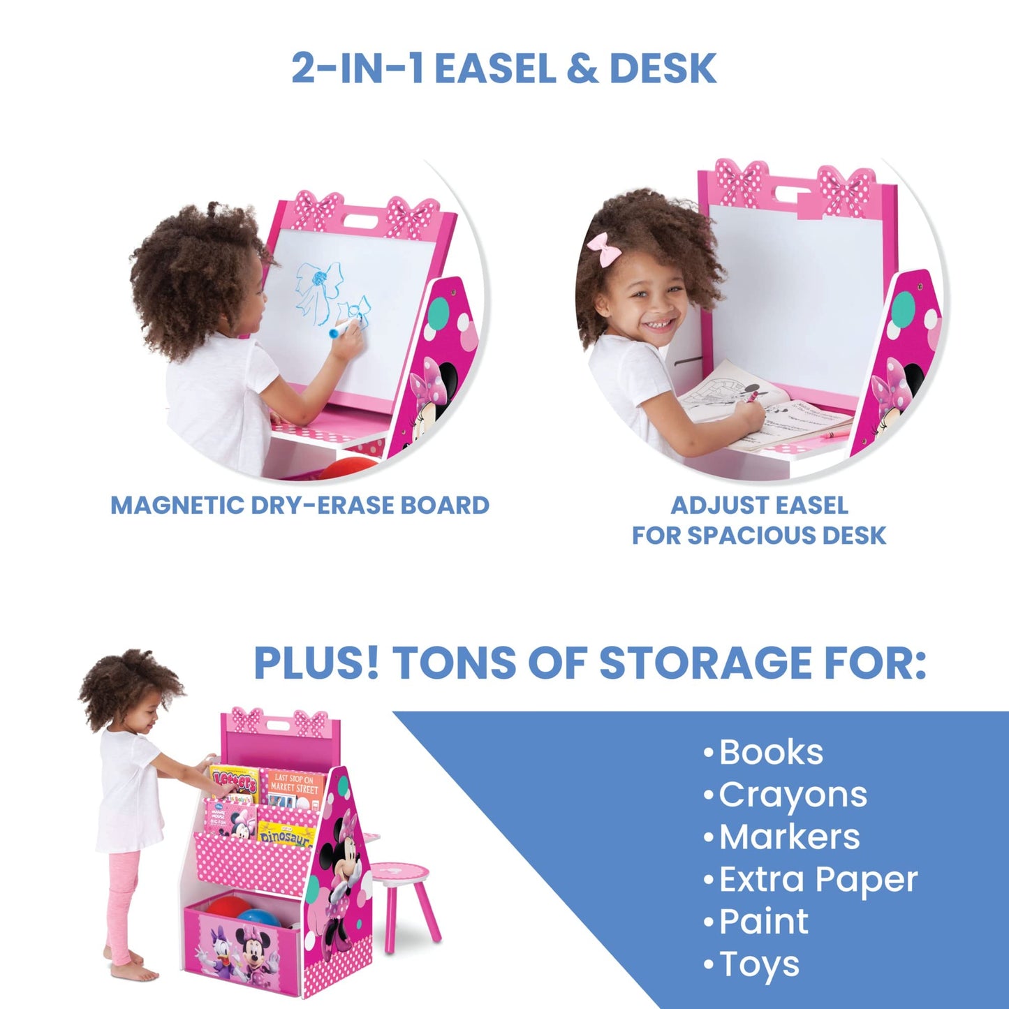 Delta Children Deluxe Kids Art Table | Easel, Desk, Stool, Toy Organizer, Disney Minnie Mouse